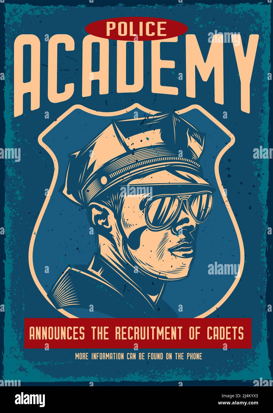 Poster con illustrazione di un poliziotto su sfondo vintage. Illustrazione Vettoriale