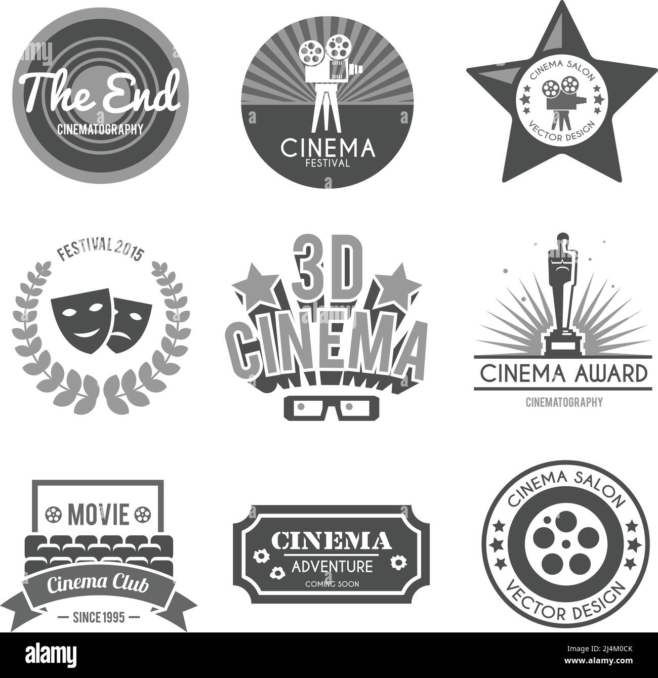 Cinema 3d club cinematografici retro nero etichette collezione con film biglietti d'ingresso al teatro immagine vettoriale isolata dalla telecamera Illustrazione Vettoriale