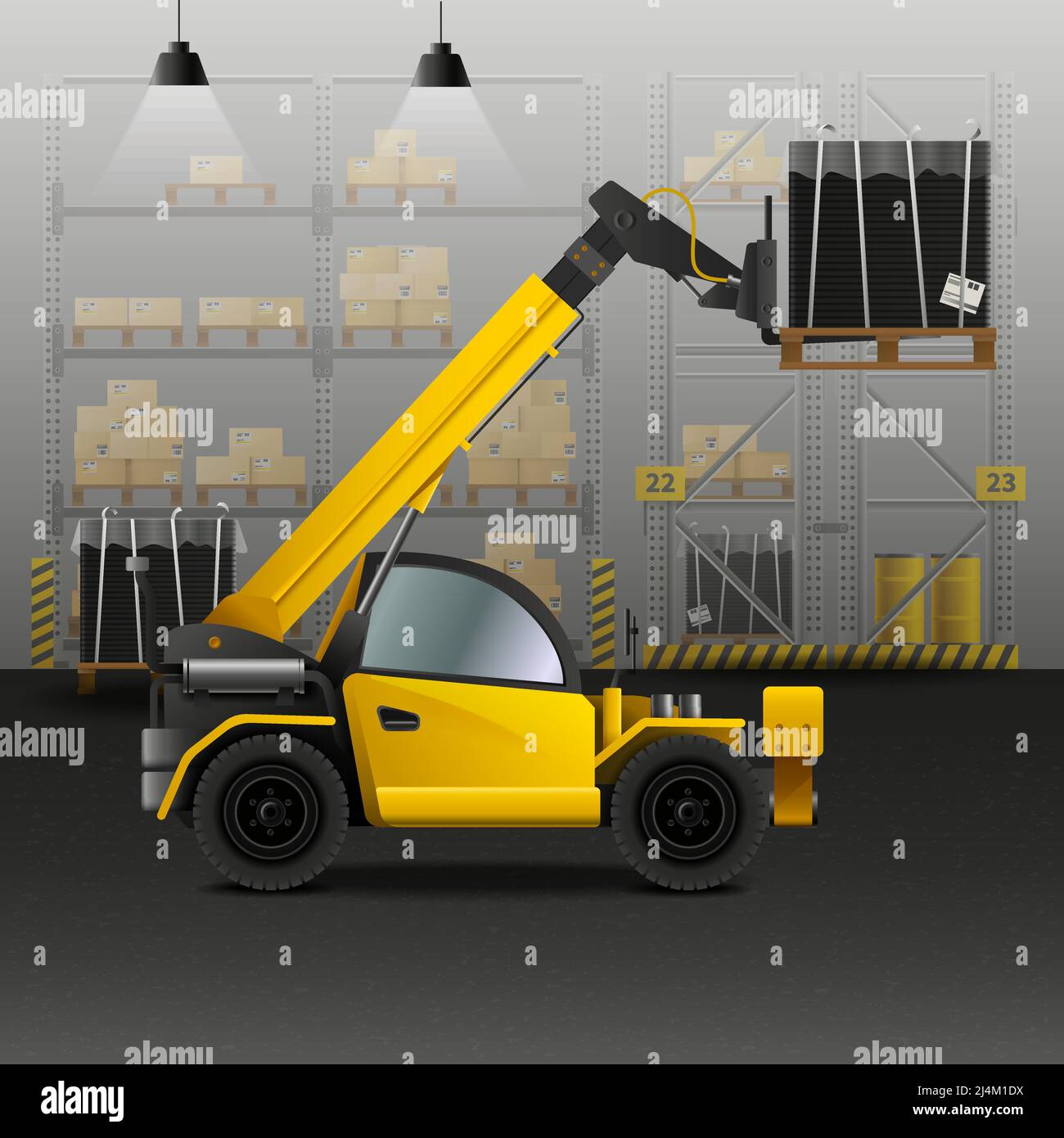 Composizione di magazzino e logistica con simboli di carrello elevatore e carico realistici illustrazione vettoriale Illustrazione Vettoriale