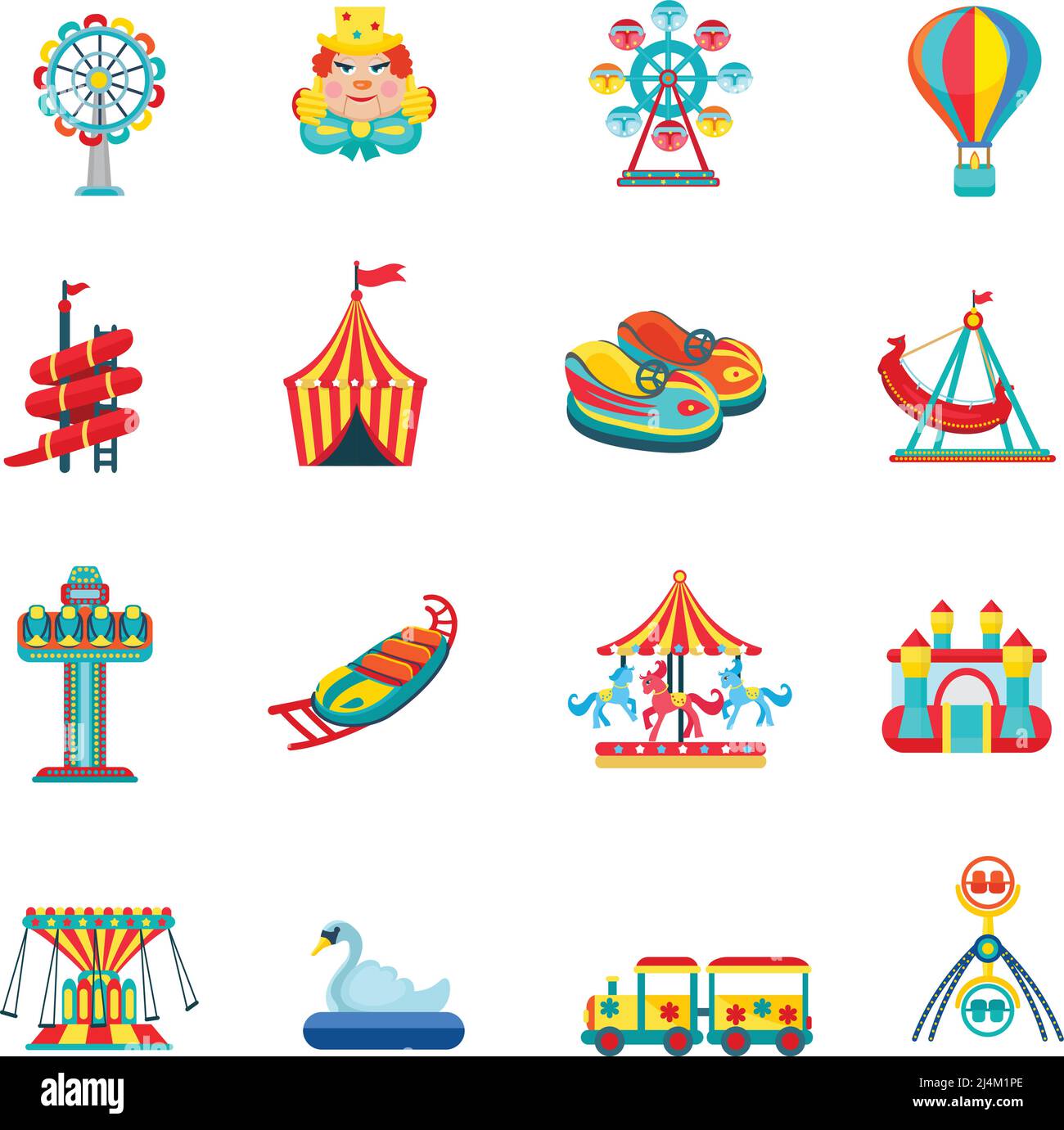 Parco divertimenti per bambini con attrazioni e icone divertenti illustrazione vettoriale isolata in piano Illustrazione Vettoriale