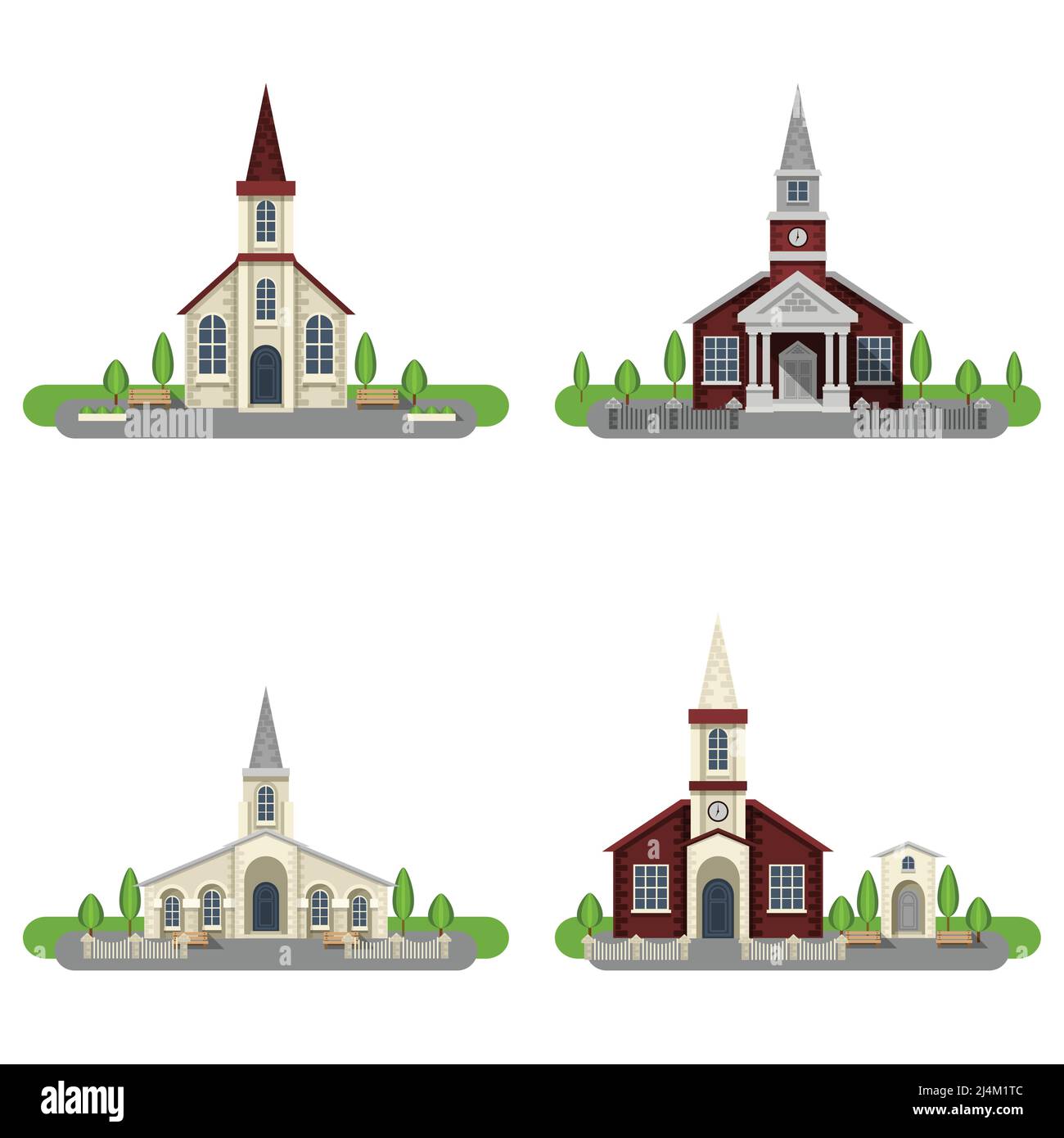 Chiese in mattoni bianchi e rossi e cappelle con giardini pianeggianti icona decorativa a colori imposta immagine vettoriale isolata Illustrazione Vettoriale