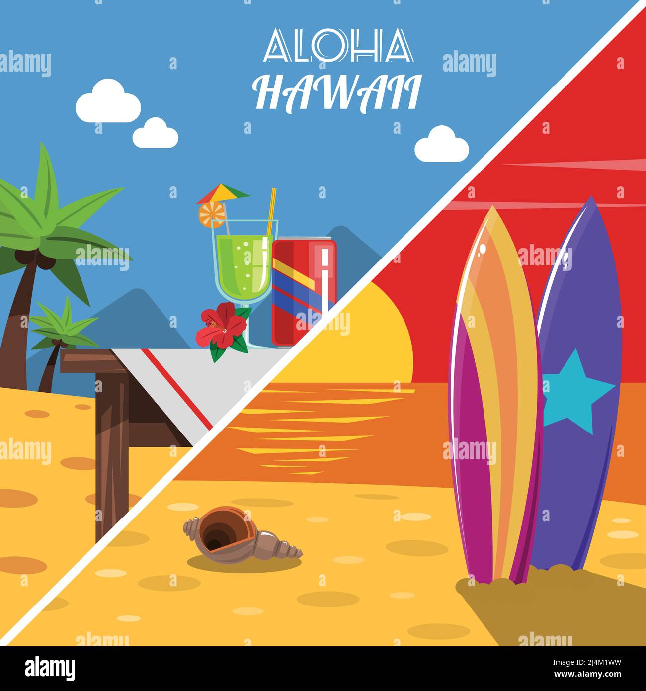 Set di striscioni diagonali da spiaggia con tavole da surf, illustrazione vettoriale isolata Illustrazione Vettoriale