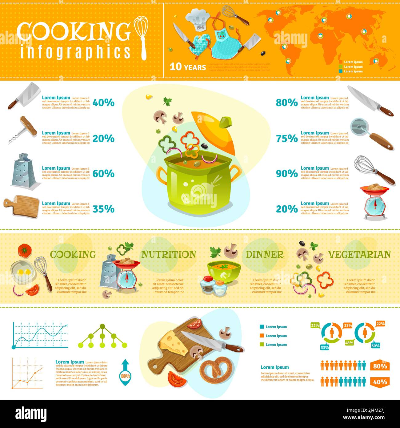 Infografica cucina pianta piatta con statistiche di vendita utensili e. set di prodotti per l'illustrazione vettoriale degli alimenti cucinati in casa Illustrazione Vettoriale