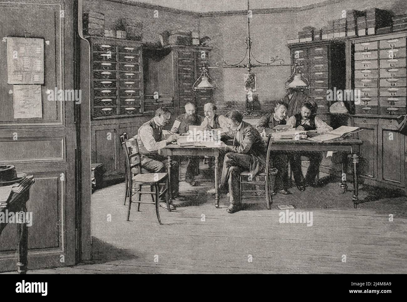 Il movimento dello Sciopero del 1898. Parigi, Francia. Sciopero dei lavoratori di pavimentazione. Lavoratori che organizzano la protesta. L'edificio della Borsa del lavoro è stato il luogo da cui è stato organizzato e sostenuto lo sciopero. Incisione. La Ilustración Española y americana, 1898. Foto Stock