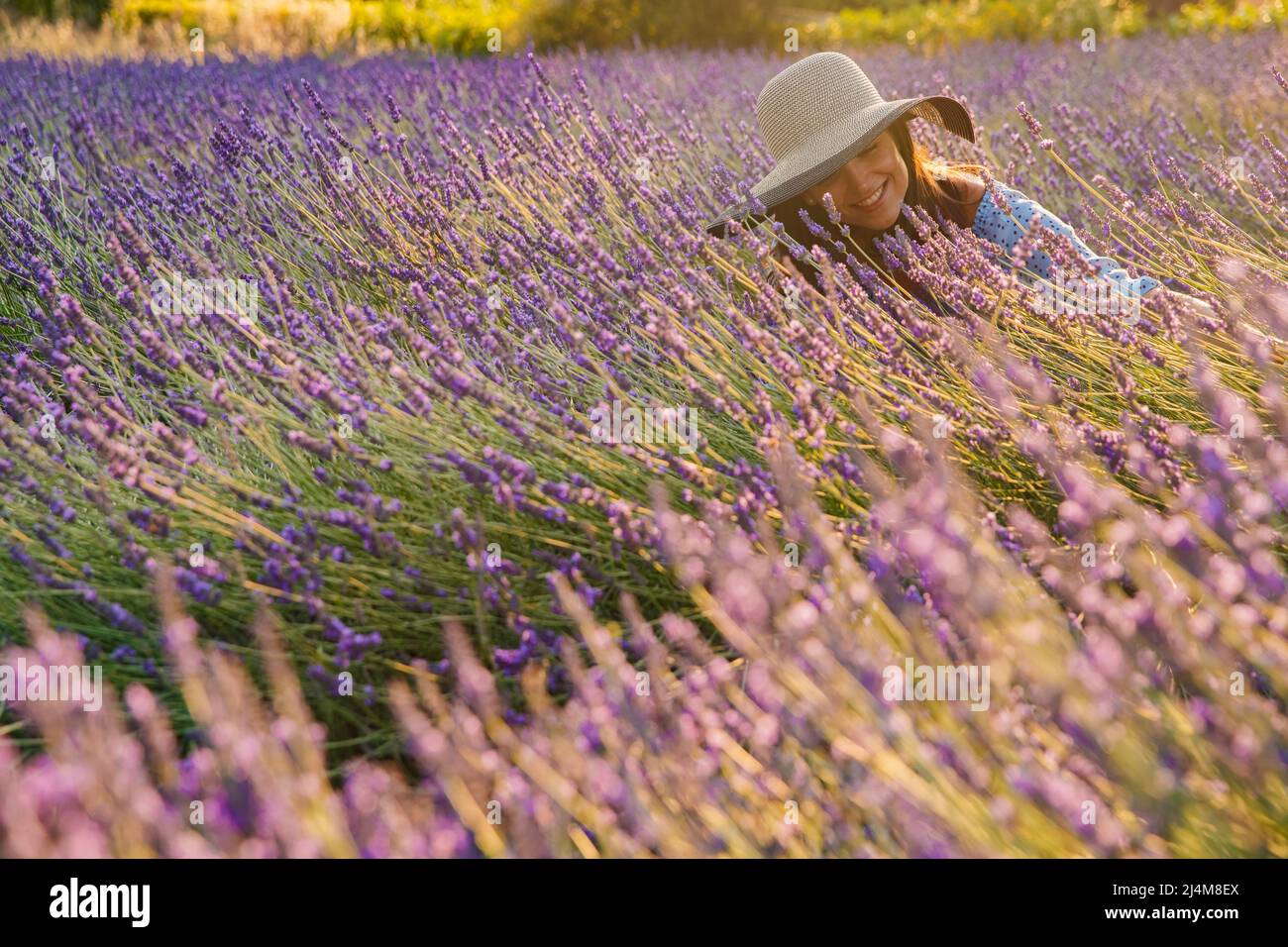 La bella ragazza giovane in un abito blu e cappuccio si siede in una lavanda fiori, capelli ricci lunghi, sorriso, piacere, una casa del giardiniere in Foto Stock