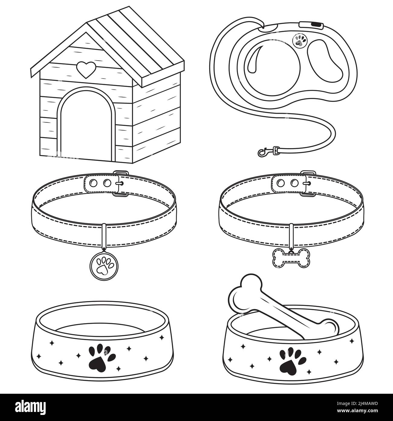 set di cabina, ciotola, colletto e guinzaglio per cane e gatto, isolato vettore illustrazione doodle contorno. Illustrazione Vettoriale