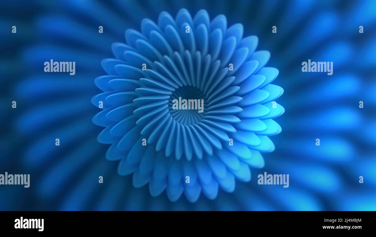 Blu bella illusione ottica. Movimento. Sfondo astratto sotto forma di spirale vorticosa simile ad un fiore con raggi in costante trasformazione Foto Stock