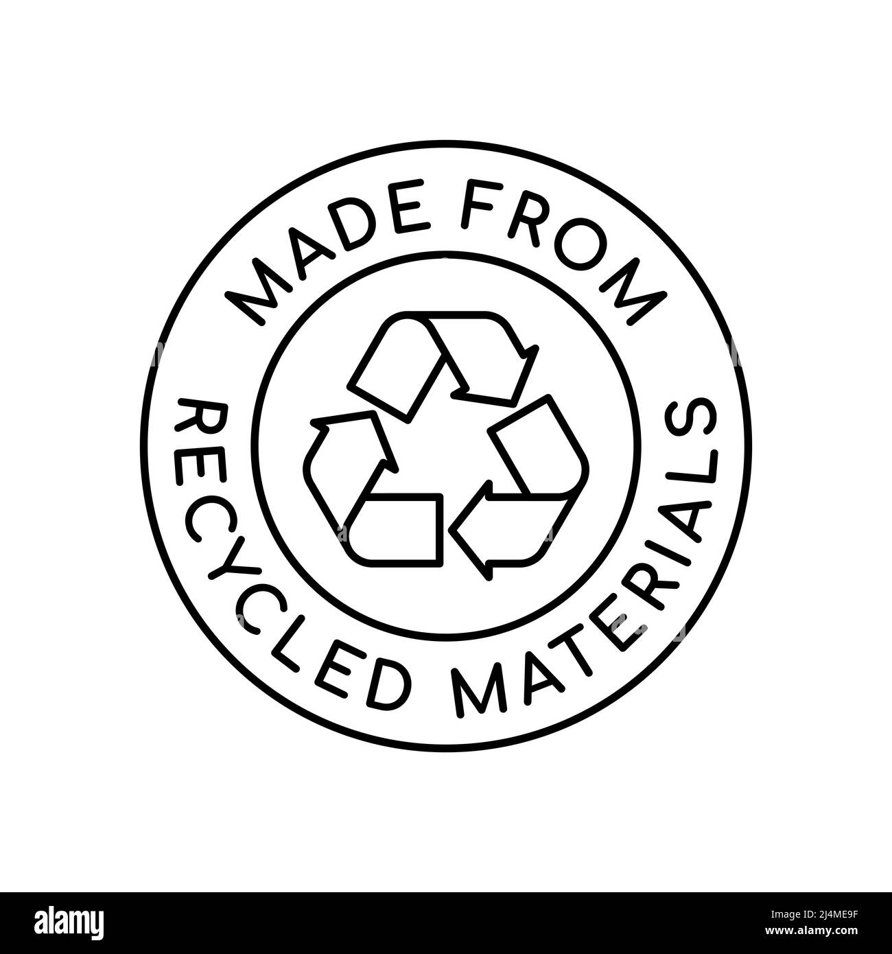 Realizzato con logo di materiali riciclati. Riciclare il segno in un cerchio. simbolo riciclato al 100%. Moda sostenibile e industria rispettosa dell'ambiente. Vettore Illustrazione Vettoriale
