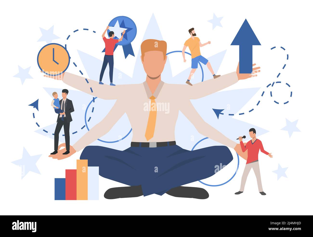 Carattere uomo d'affari che mostra ruoli sociali diversi. Lavoro, famiglia, tempo libero. Può essere utilizzato per argomenti come attività, stile di vita, multitasking Illustrazione Vettoriale