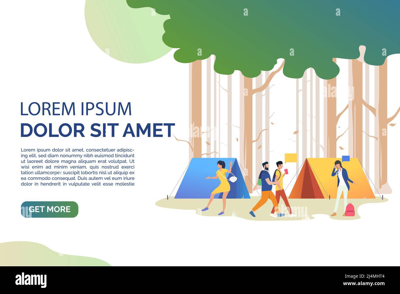 Diapositiva con i turisti che comunicano al camping illustrazione vettoriale. Attività ricreative, campeggio, fine settimana. Concetto di turismo. Progettazione di modelli di siti Web, p Illustrazione Vettoriale