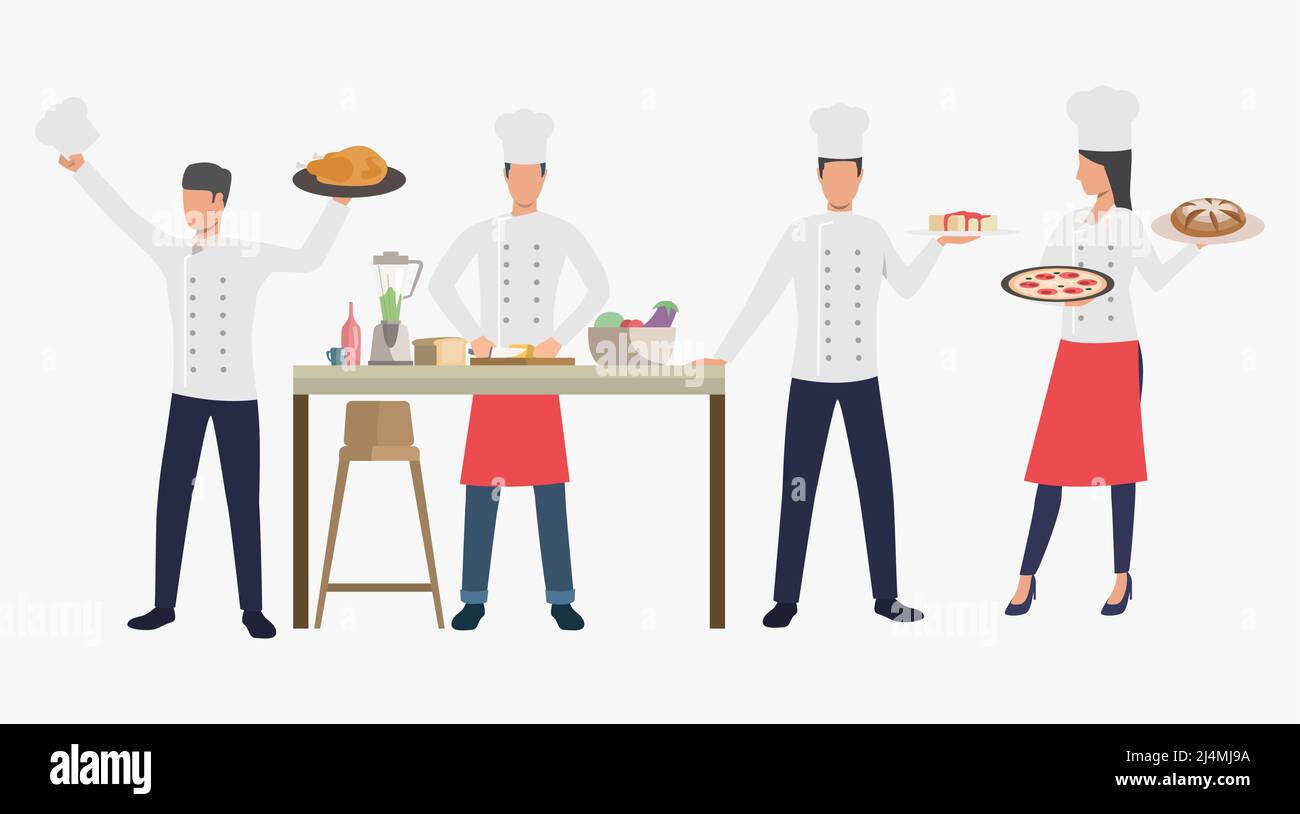 Cucina con piatti nella cucina del ristorante. Cena, cucina, concetto di cibo. L'illustrazione vettoriale può essere usata per gli argomenti come il catering, culinario, cucinando Illustrazione Vettoriale