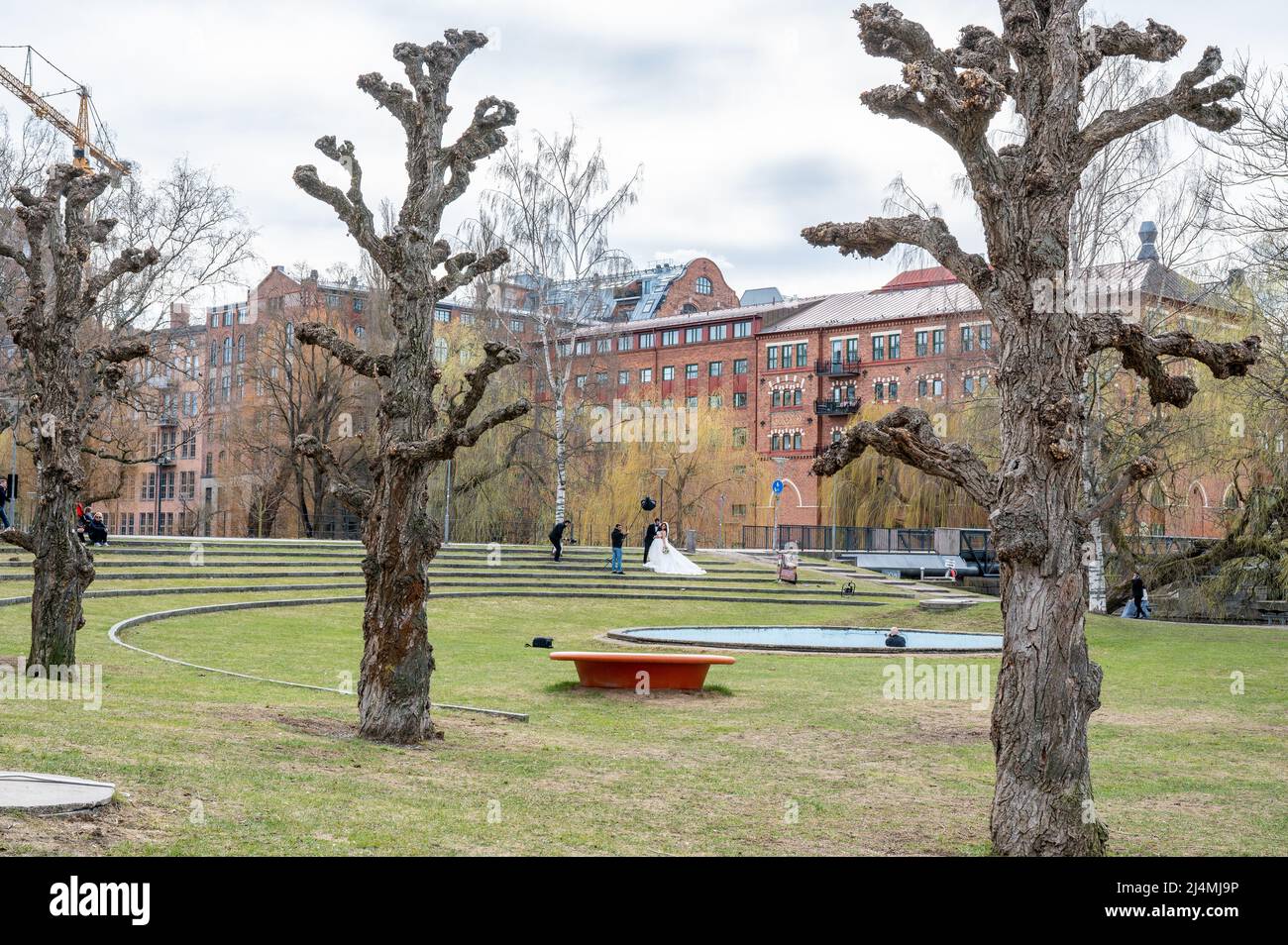 Matrimonio nel parco cittadino di Strömsparken durante la primavera a Norrköping, Svezia Foto Stock