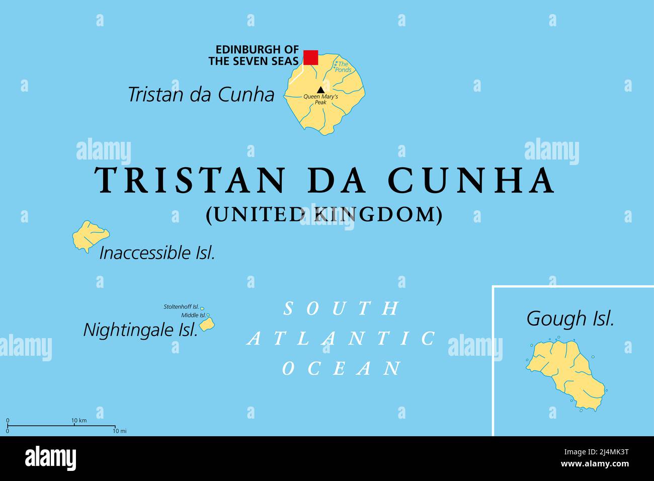 Tristan da Cunha, inaccessibile, Nightingale e Gough Island mappa politica. Gruppo remoto di isole vulcaniche nell'Atlantico meridionale. Foto Stock