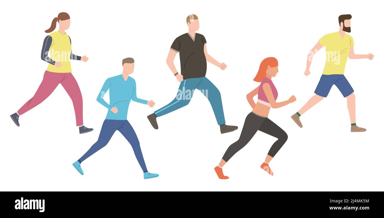 Set di jogger per esterni. Gruppo di persone attive nell'allenamento sportivo all'aperto. L'illustrazione vettoriale può essere utilizzata per brochure, stile di vita, corsa Illustrazione Vettoriale