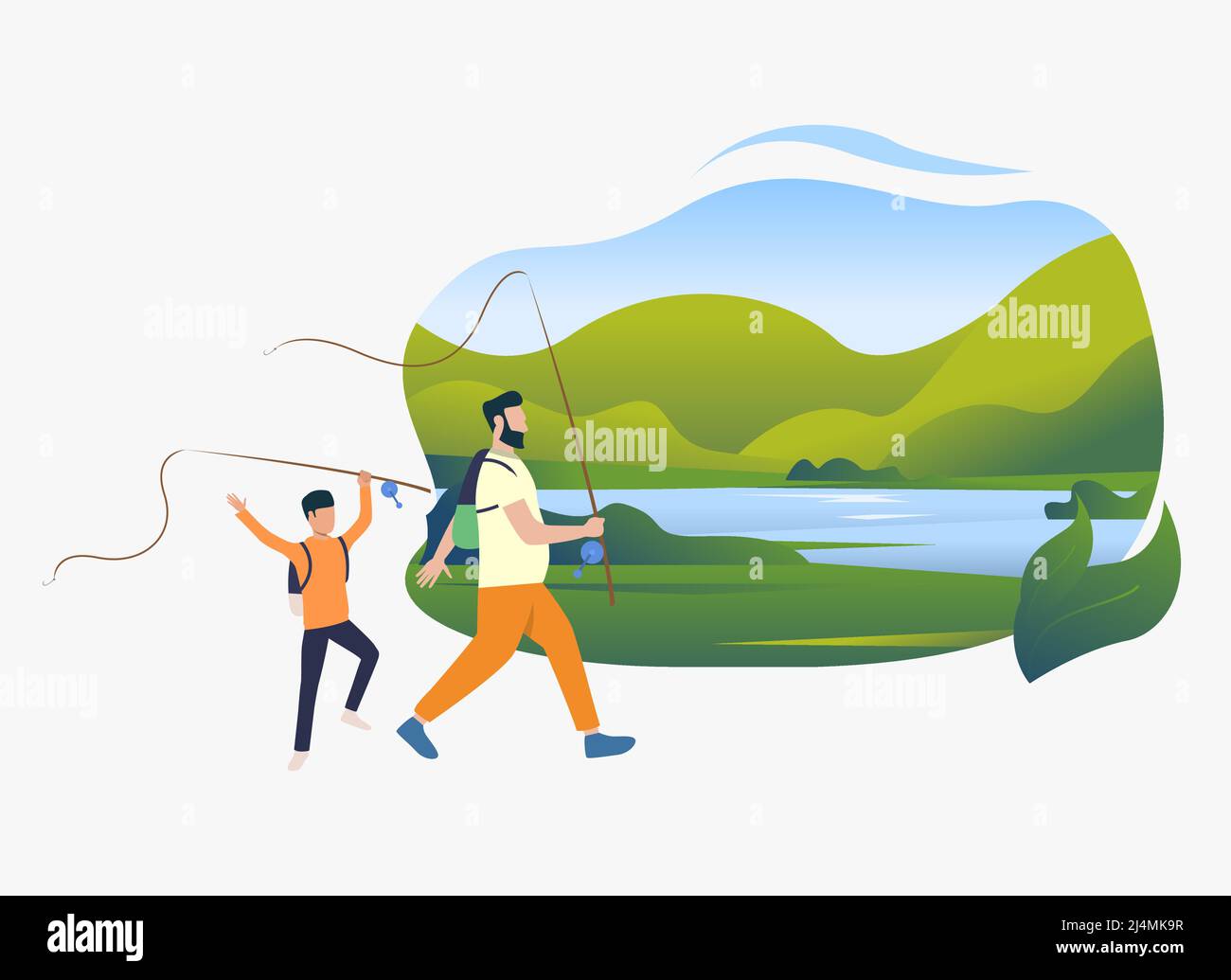 Padre e figlio che tengono canne da pesca, paesaggio con lago. Vacanza, turismo, concetto estivo. L'illustrazione vettoriale può essere utilizzata per argomenti come il tempo libero, f Illustrazione Vettoriale