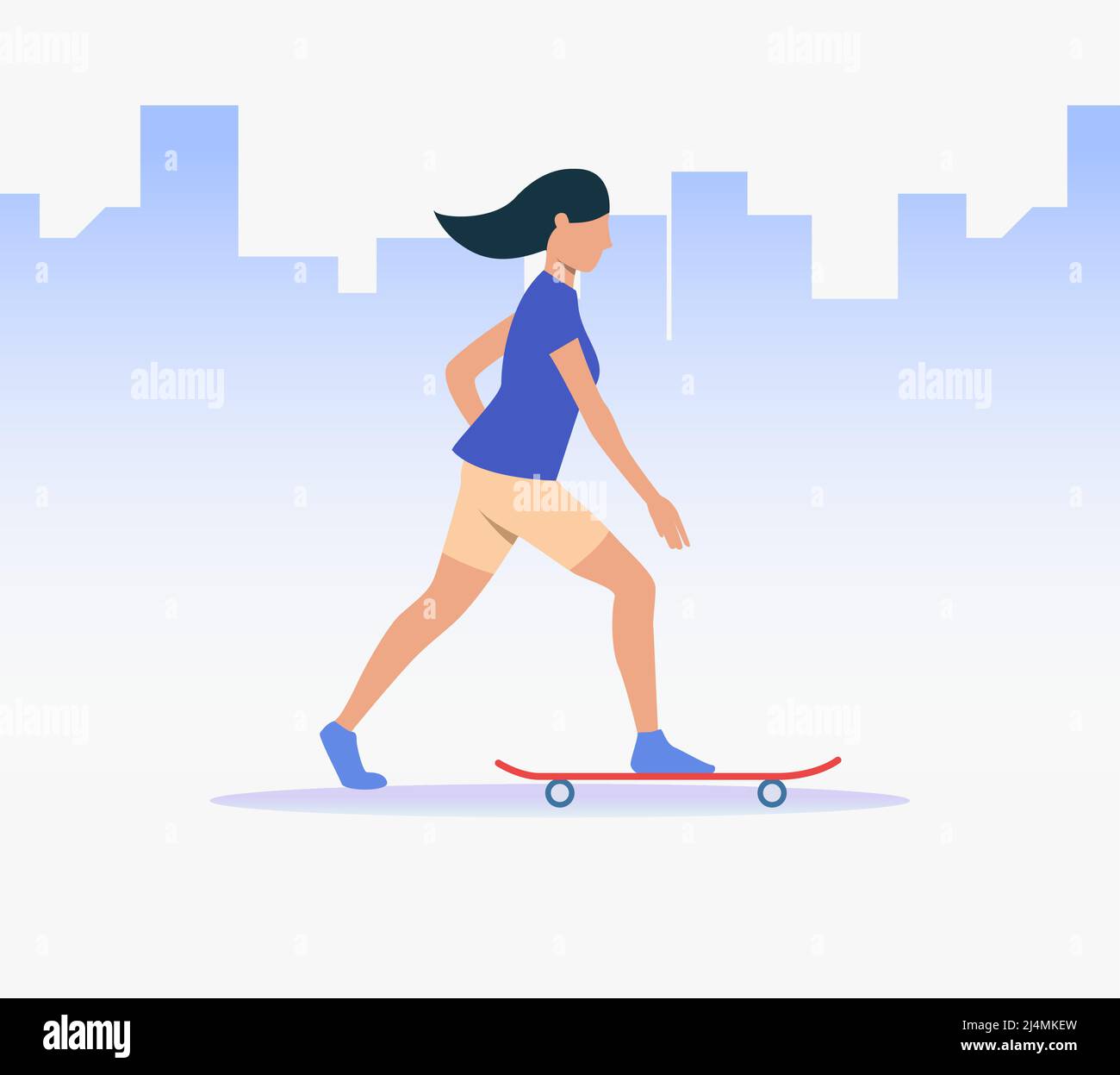 Donna sportiva che guida skateboard. Attività, allenamento, stile di vita. Può essere utilizzato per argomenti come lo sport, il tempo libero, la salute Illustrazione Vettoriale