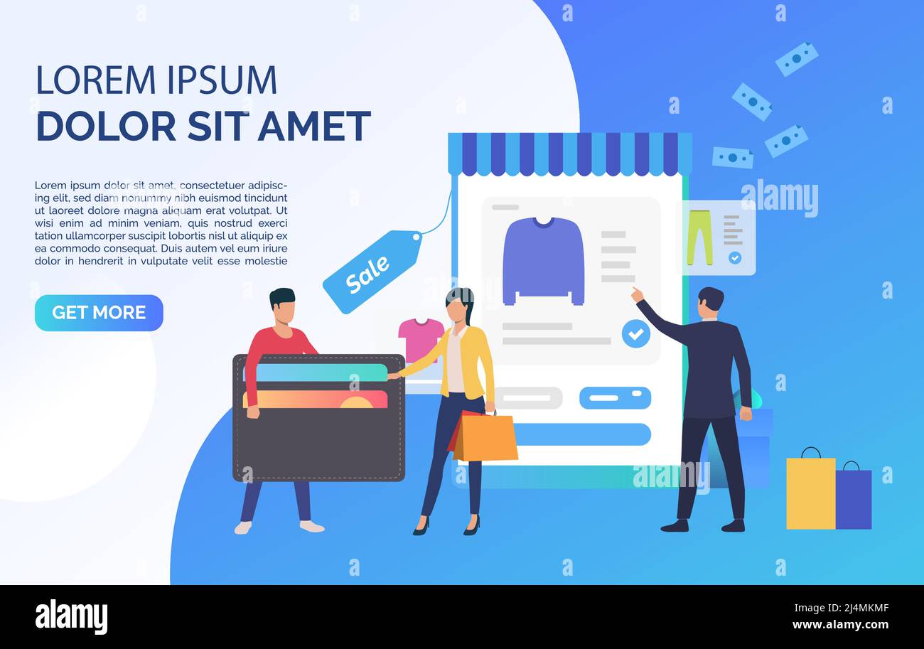 Persone che utilizzano carte di credito e l'acquisto di vestiti online, testo di esempio. Applicazione, offerta, moda, concetto di pubblicità, modello di presentazione. CAN Illustrazione Vettoriale