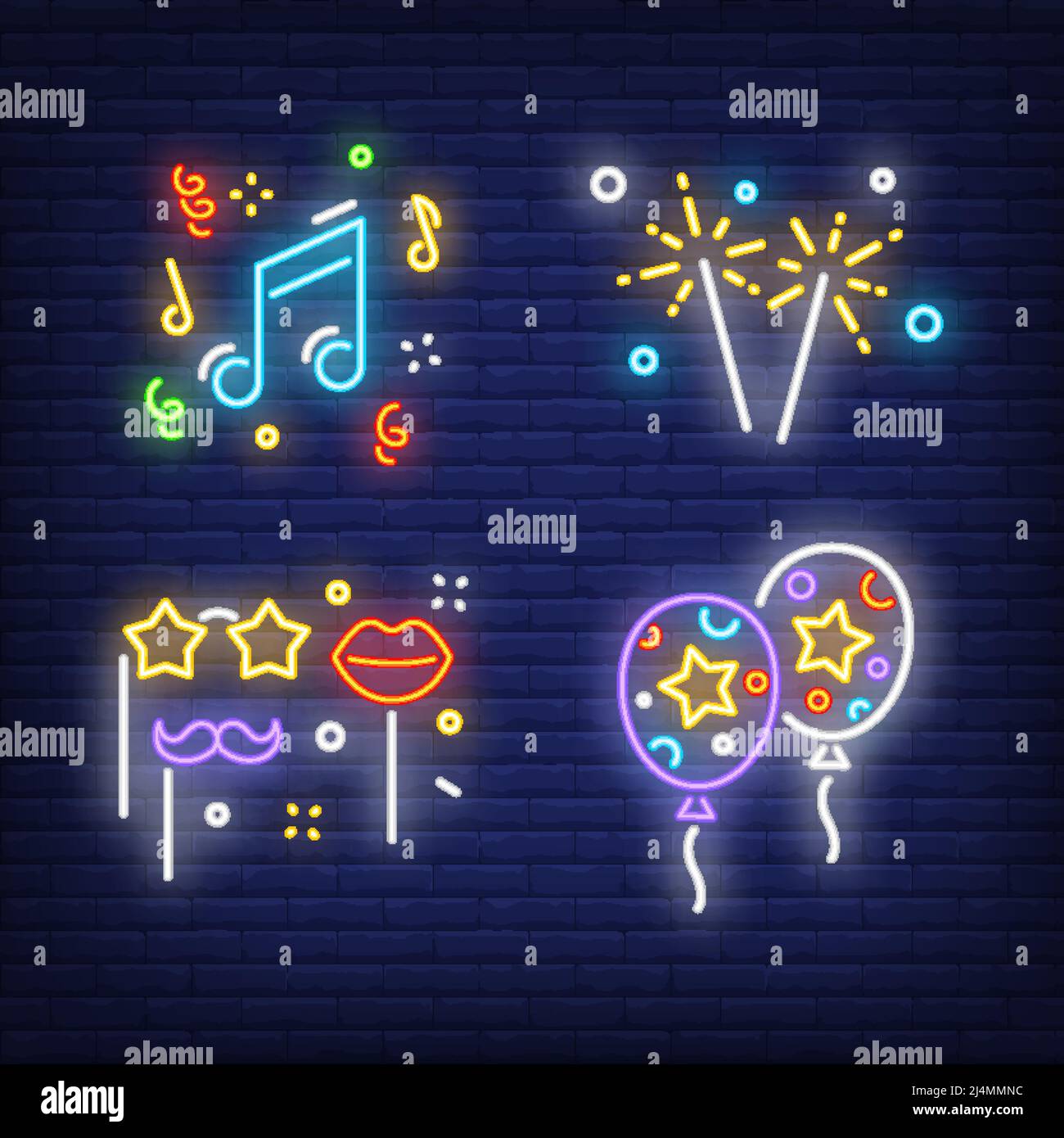 Set di cartello al neon Masquerade party. Baffi sul bastone, palloncini d'aria, musica. Volantino, invito, banner luminoso. Illustrazione vettoriale in stile neon per argomento Illustrazione Vettoriale