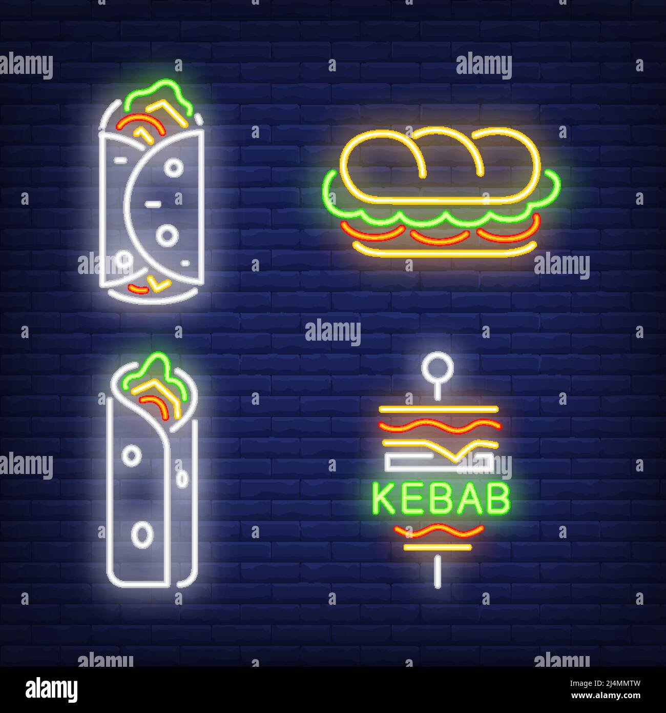 Set di cartelli per doner kebab e shawarma al neon. Snack, pasti, design del cibo. Insegna al neon notturna, cartellone colorato, banner chiaro. Illustrazione vettoriale in ne Illustrazione Vettoriale