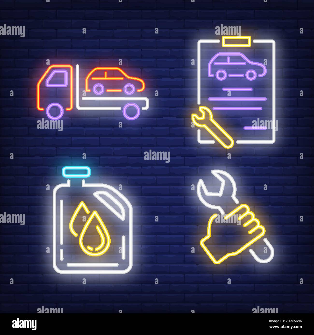 Messa sotto vuoto di auto, chiave, appunti e set di insegne al neon del serbatoio dell'olio. Servizio auto, attrezzature e progettazione di riparazioni. Insegna al neon notturna luminosa, billboar colorato Illustrazione Vettoriale