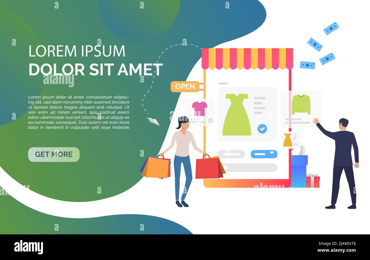 Uomo e donna che acquistano vestiti online con testo di esempio. Applicazione, offerta, concetto di pubblicità, modello di presentazione. Può essere utilizzato per argomenti l Illustrazione Vettoriale