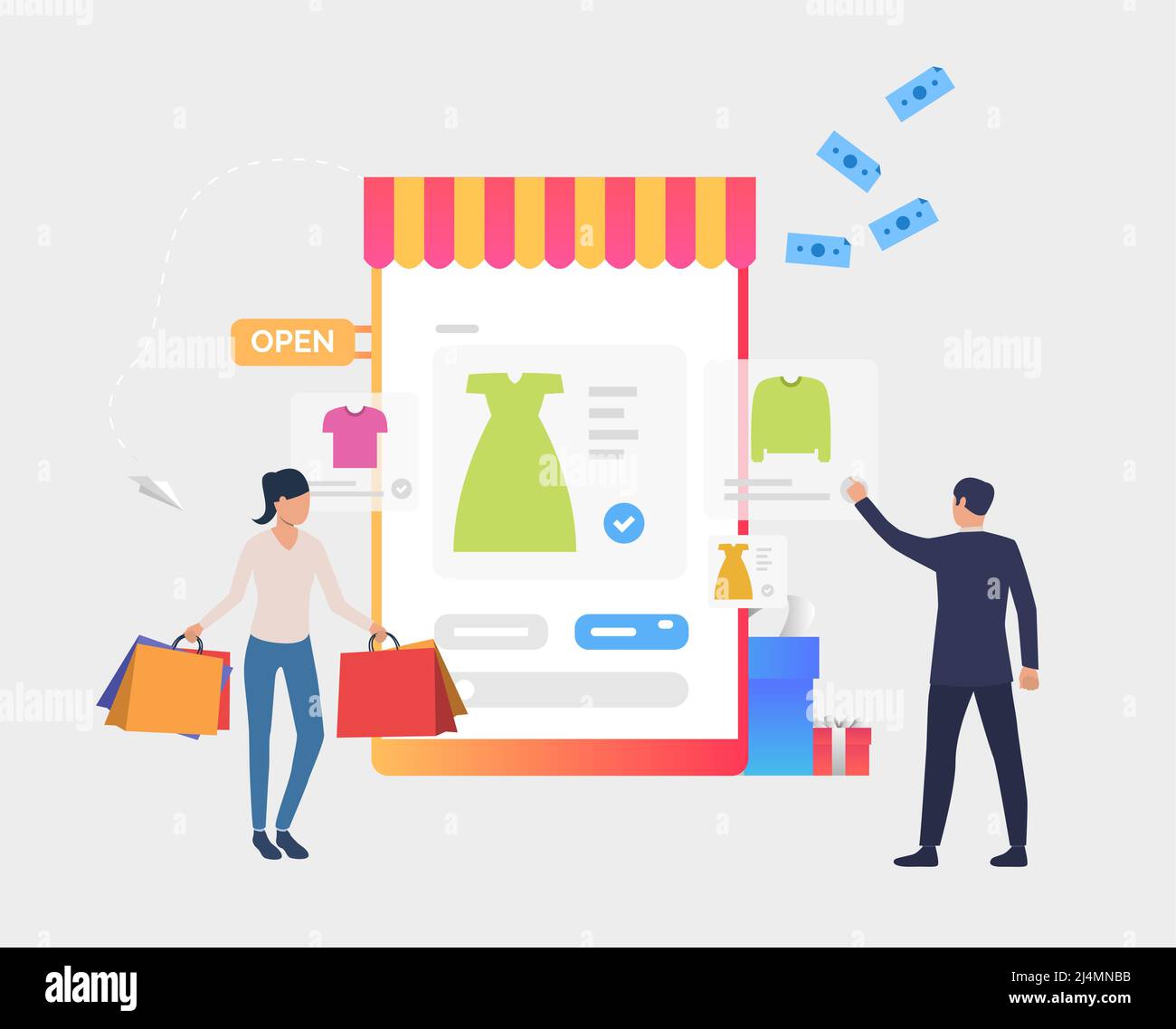 Uomo e donna che comprano vestiti in linea. Applicazione, offerta, concetto di pubblicità. Può essere utilizzato per argomenti come vendita, shopping, marketing Illustrazione Vettoriale