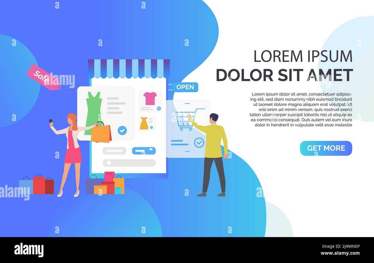Persone che acquistano vestiti online con testo di esempio. Applicazione, offerta, pubblicità, concetto di moda, modello di presentazione. Può essere utilizzato per argomenti Illustrazione Vettoriale