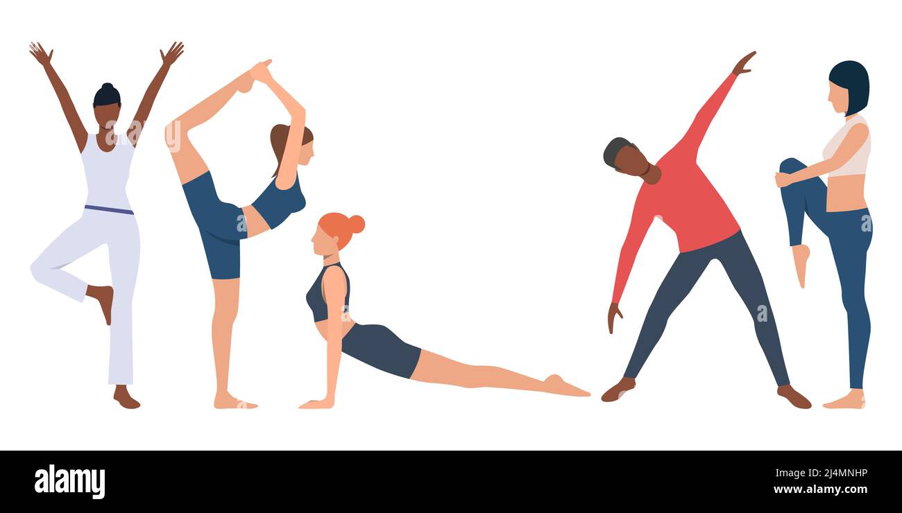 Set di istruttori di fitness che praticano lo yoga. I giovani flessibili rafforzano il corpo. Illustrazione vettoriale per il corpo cosciente, presentazione, promo Illustrazione Vettoriale