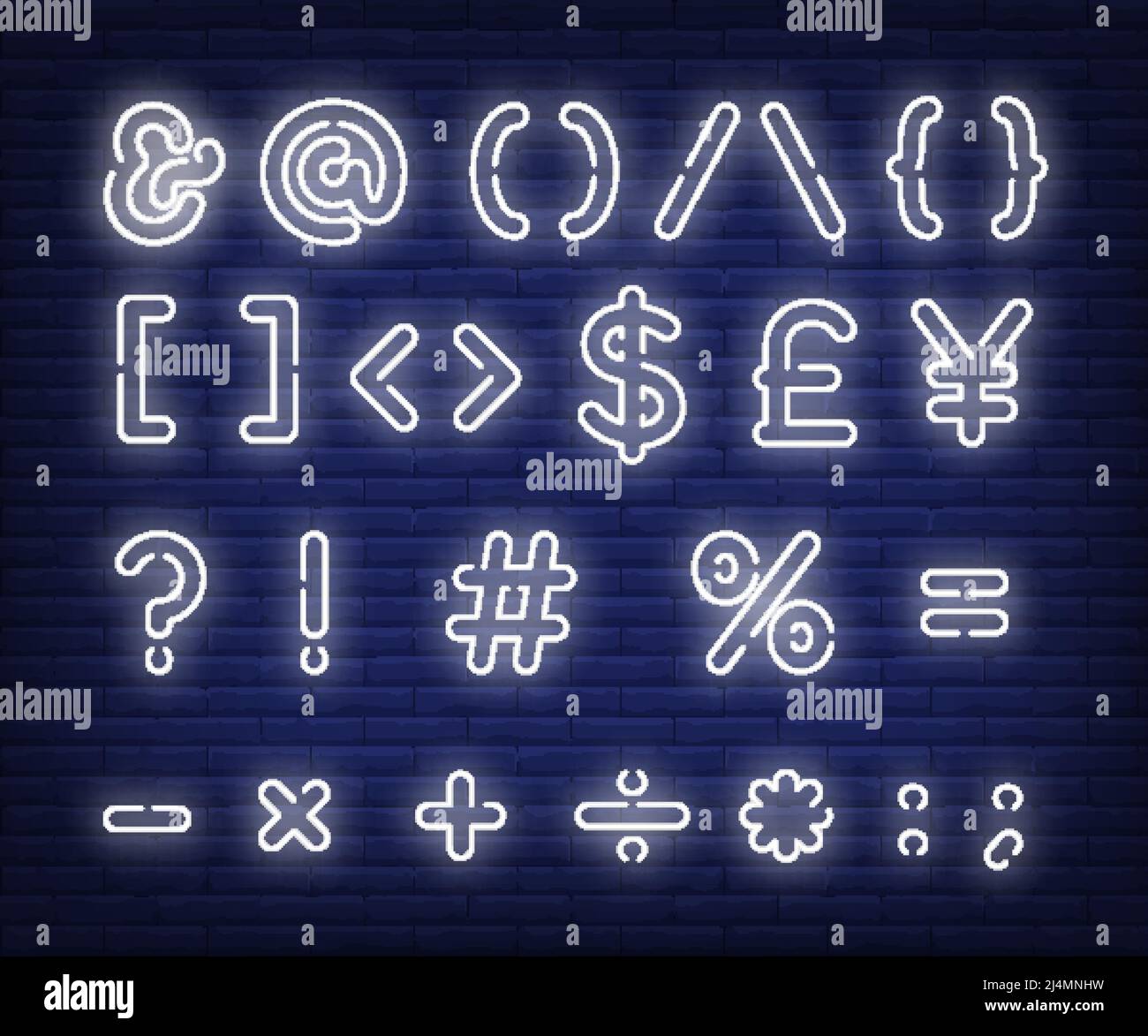 Simbolo di messaggio bianco al neon. Segni di texting incandescente su sfondo muro di mattoni. L'illustrazione vettoriale può essere utilizzata per computer, telefono, messaggi Illustrazione Vettoriale