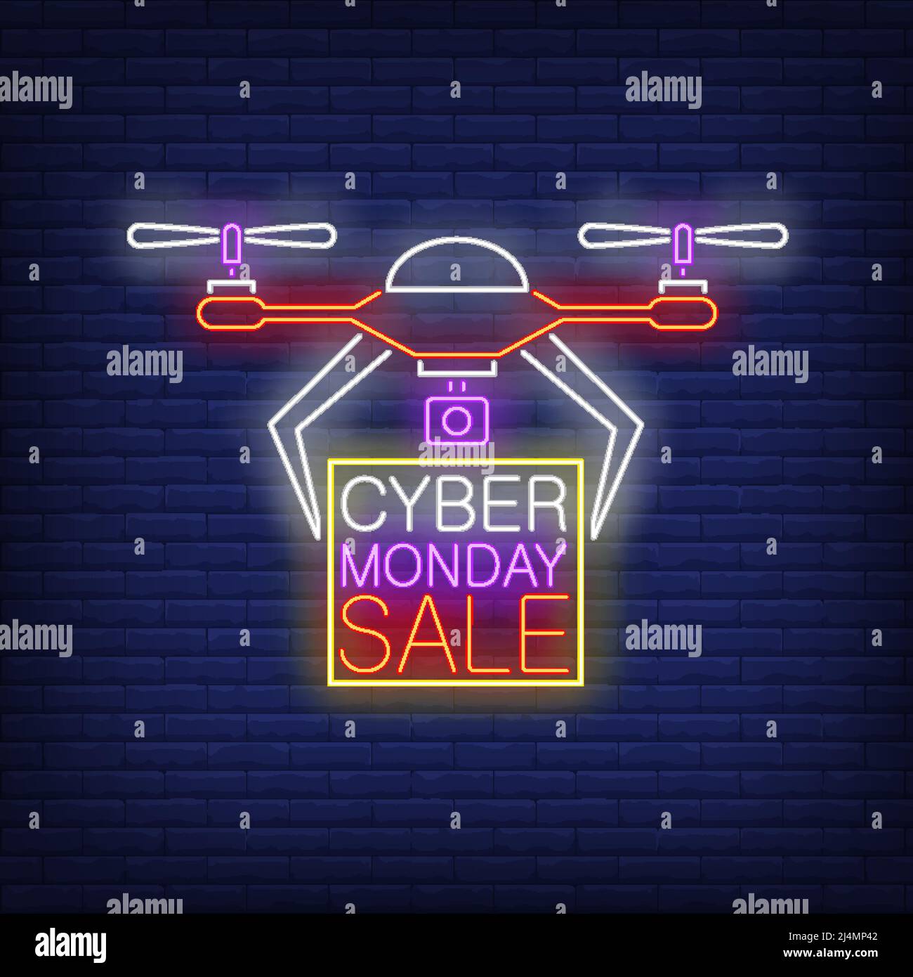 Cyber Monday sale neon testo in cornice trasportato dal drone. Shopping, sconto, design tecnologico. Insegna al neon notturna, cartellone colorato, luce Illustrazione Vettoriale