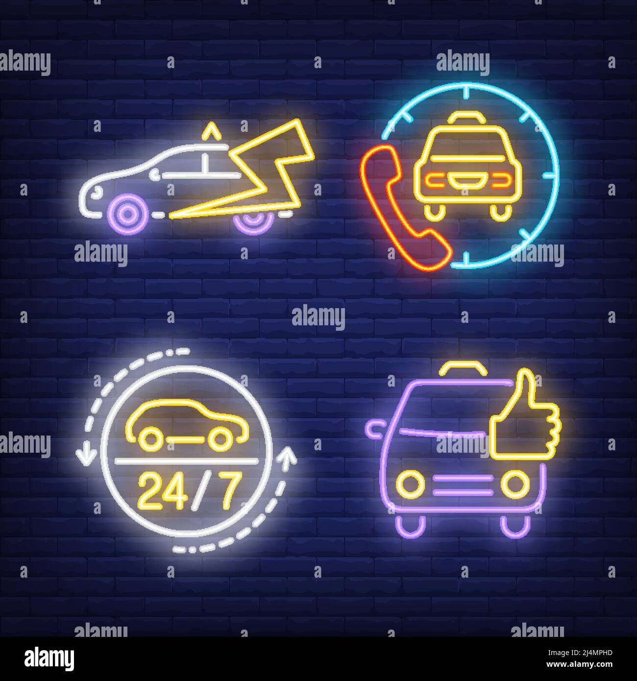 Chiamata taxi taxi taxi al neon segnaletica set. Trasporto, veicolo, disegno turistico. Insegna al neon notturna, cartellone colorato, banner chiaro. Illustratio vettoriale Illustrazione Vettoriale