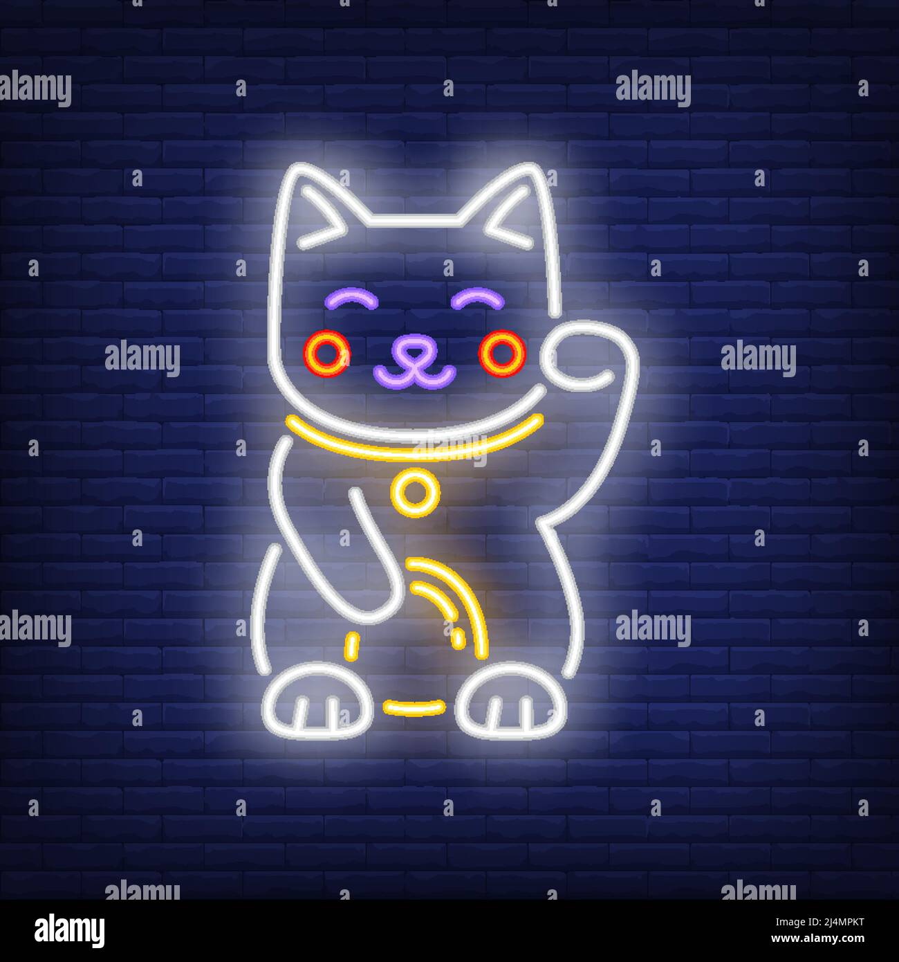 Cartello al neon Maneki Neko Cat. Mascotte giapponese di disegno di fortuna. Insegna al neon notturna, cartellone colorato, banner chiaro. Illustrazione vettoriale in stile neon Illustrazione Vettoriale