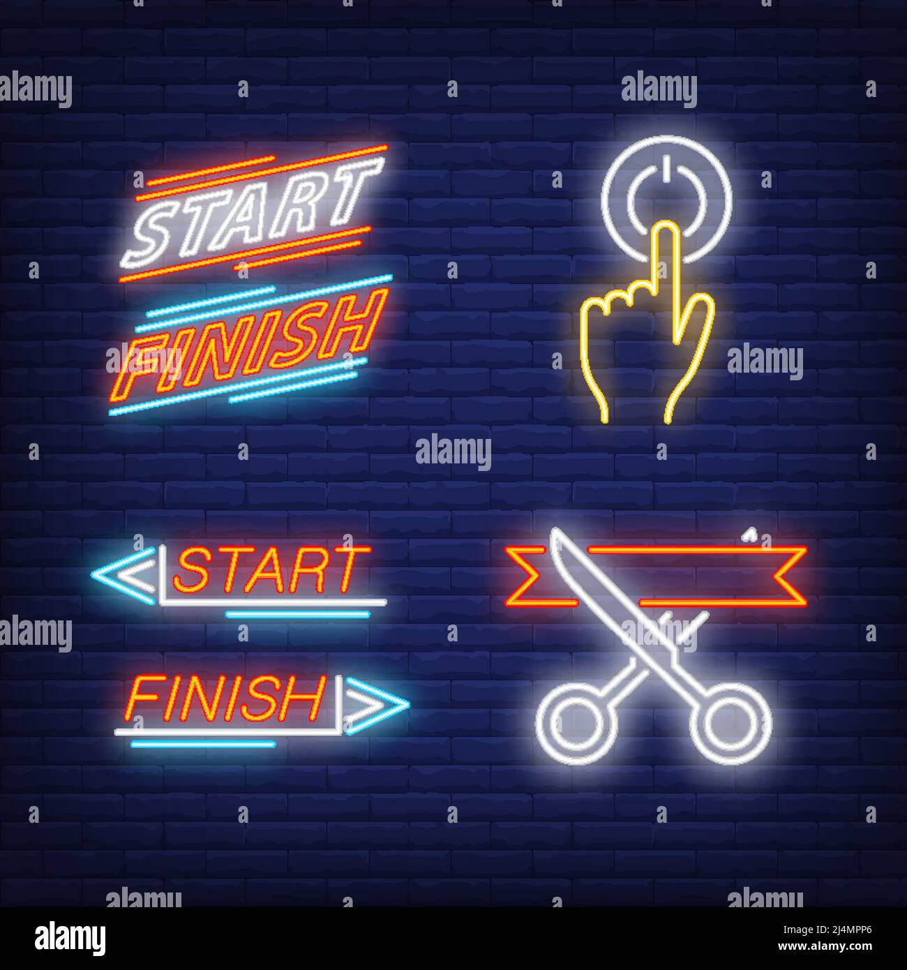 Taglio del nastro, accensione, avvio e finitura del set di insegne al neon. Racing, design di startup aziendale. Insegna al neon notturna, cartellone colorato, banna luminosa Illustrazione Vettoriale
