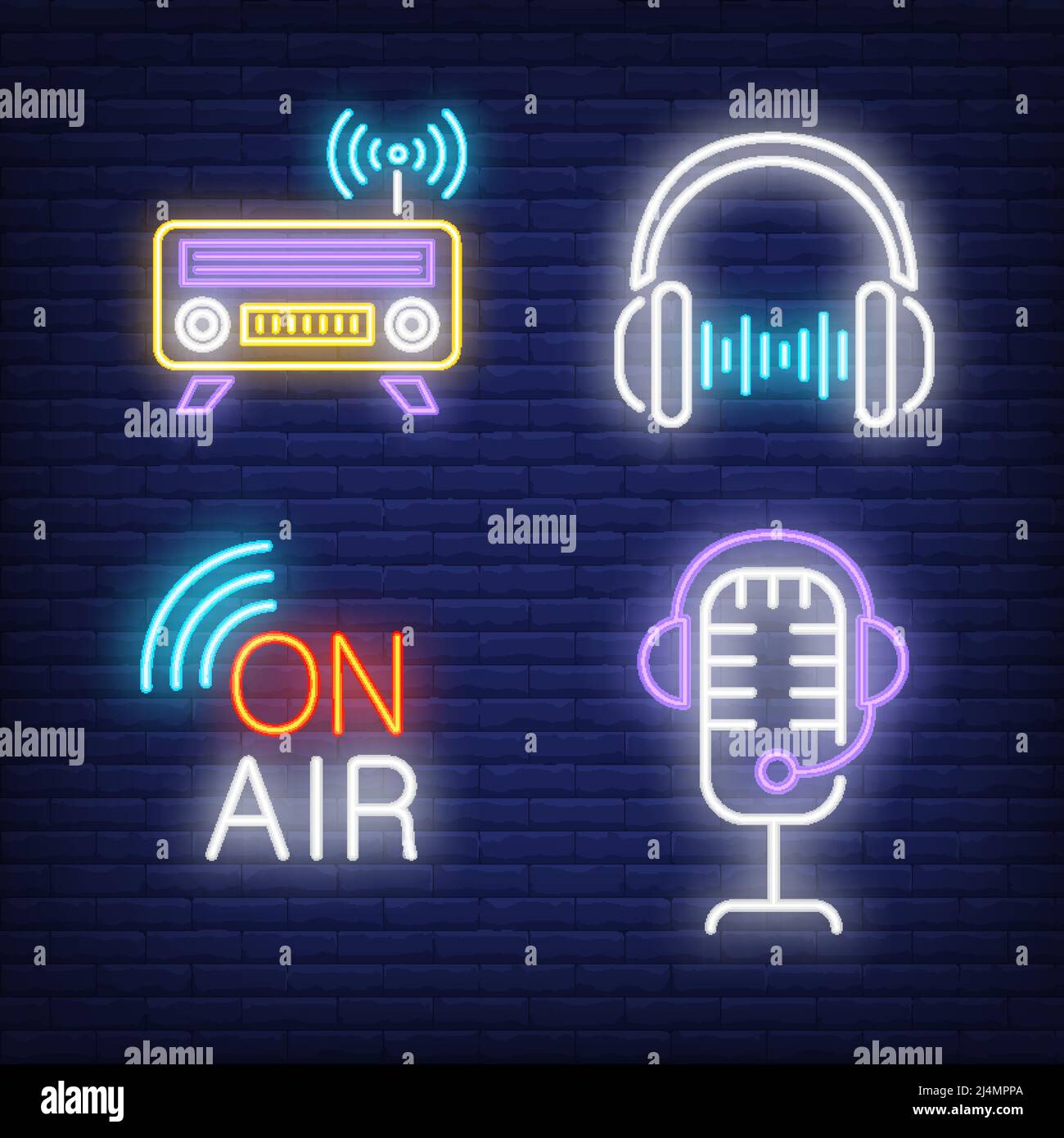 Set di segnali al neon per cuffie, radio e microfono. Radio, design per l'intrattenimento. Insegna al neon notturna, cartellone colorato, banner chiaro. Vettore illustraz Illustrazione Vettoriale