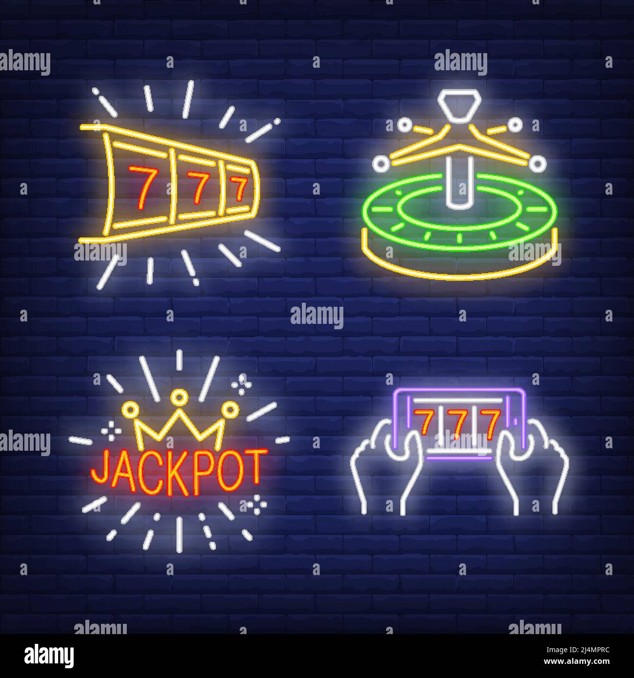 Lucky sette, roulette e jackpot Neon segni set. Casinò, gioco d'azzardo e design per il tempo libero. Insegna al neon notturna, cartellone colorato, banner chiaro. VECTO Illustrazione Vettoriale