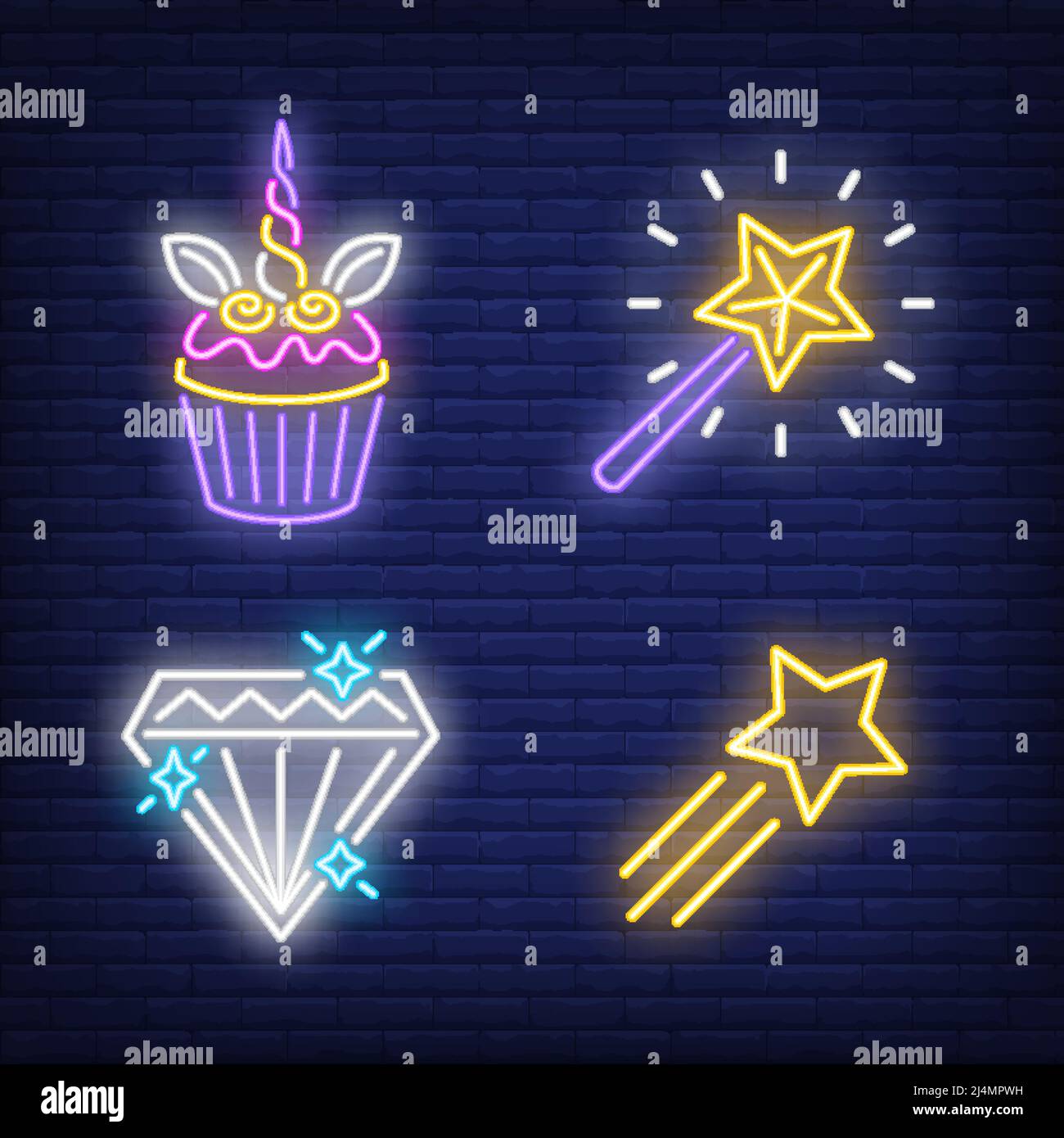 Cupcake, stella volante, diamante e magic wand neon insegne set. Fiaba, magia, design d'infanzia. Insegna al neon notturna, cartellone colorato, ba chiaro Illustrazione Vettoriale