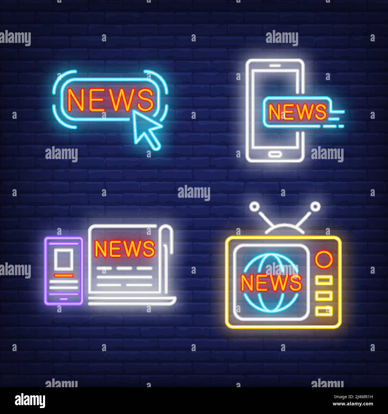 Pulsante News, televisore, giornali e set di insegne al neon per smartphone. Media di massa, design di intrattenimento. Insegna al neon notturna, cartellone colorato, divieto di luce Illustrazione Vettoriale