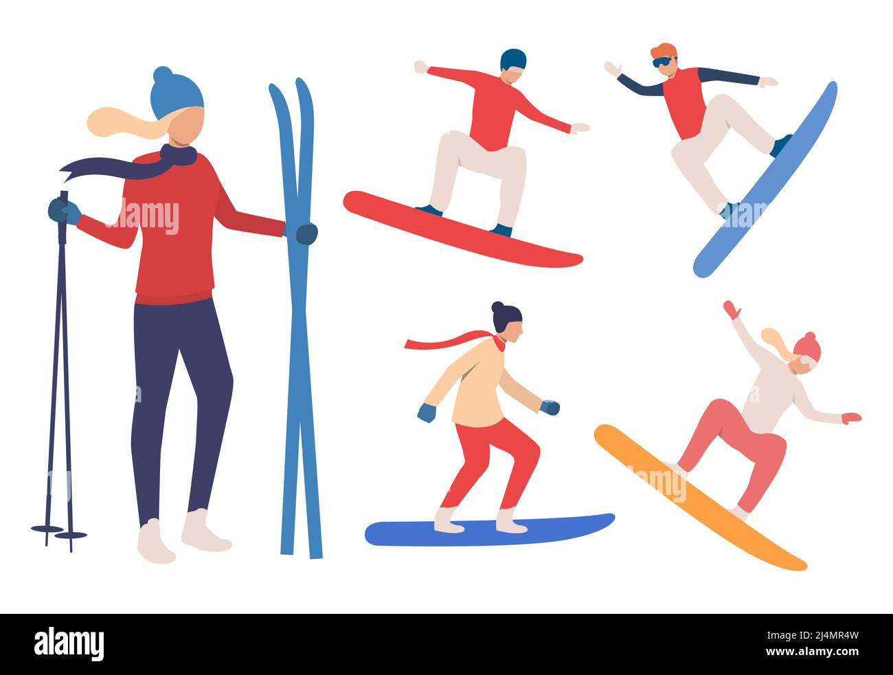 Set di snowboarder e sciatori. Gruppo di uomini e donne snowboard e tenendo sci. Concetto di sport invernali. L'illustrazione vettoriale può essere utilizzata per gli argomenti Illustrazione Vettoriale