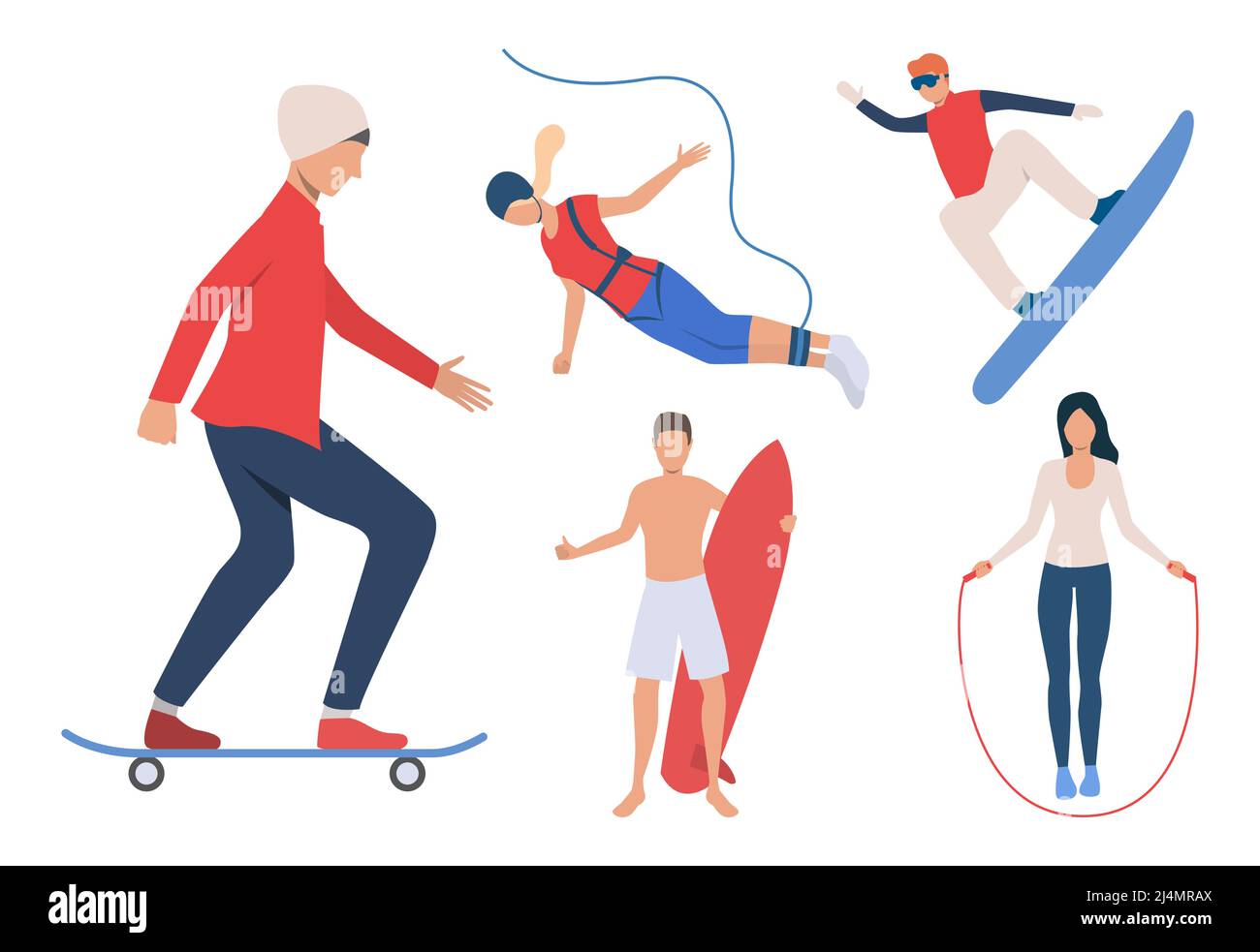 Set di attività all'aperto. Uomini e donne snowboard, skateboard, surf, jumping corda. Concetto di attività. L'illustrazione vettoriale può essere utilizzata per la parte superiore Illustrazione Vettoriale