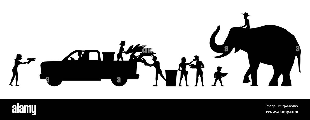 Silhouette design di persone plyaing acqua su Songkranday, illustrazione vettoriale Illustrazione Vettoriale