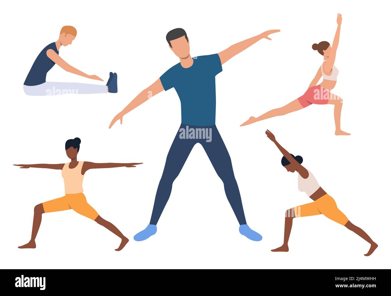 Set di yoga. Uomini e donne che fanno yoga, tengono pose, allungano i muscoli. Concetto di sport. L'illustrazione vettoriale può essere usata per gli argomenti come idoneità o bo Illustrazione Vettoriale