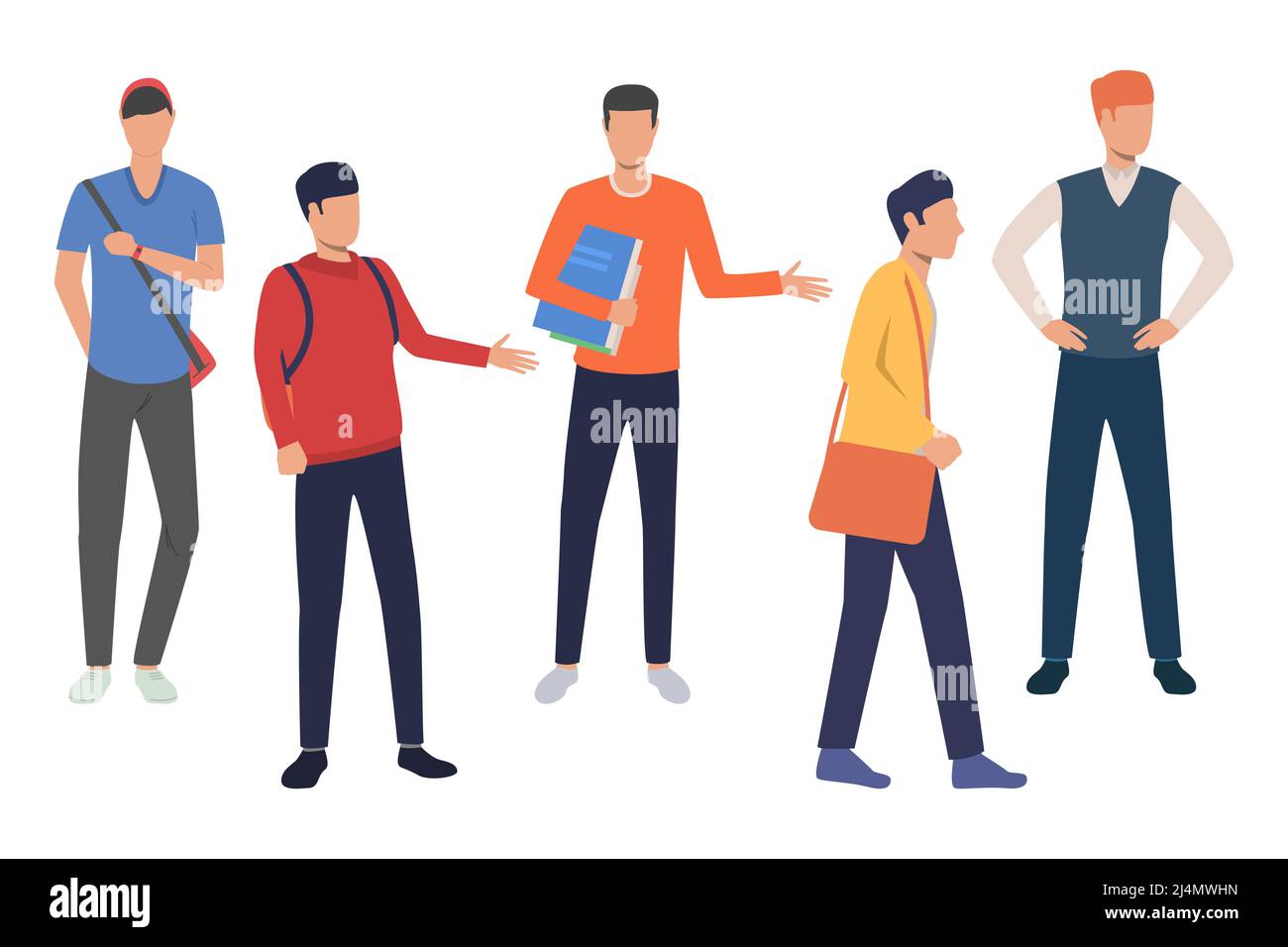 Set di studenti di ingegneria del software. Gruppo di dirigenti di ufficio maschi che vengono in ufficio. L'illustrazione vettoriale può essere usata per promo, presentazione video, b Illustrazione Vettoriale