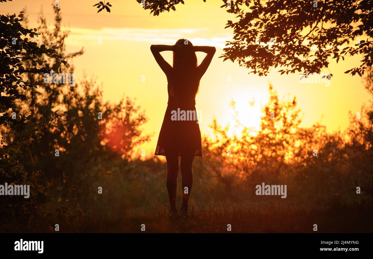 Vista posteriore della giovane silhouette donna che cammina da sola attraverso boschi scuri con mani distese in estate sera. Raggiungere il vostro obiettivo nel concetto di vita. Foto Stock