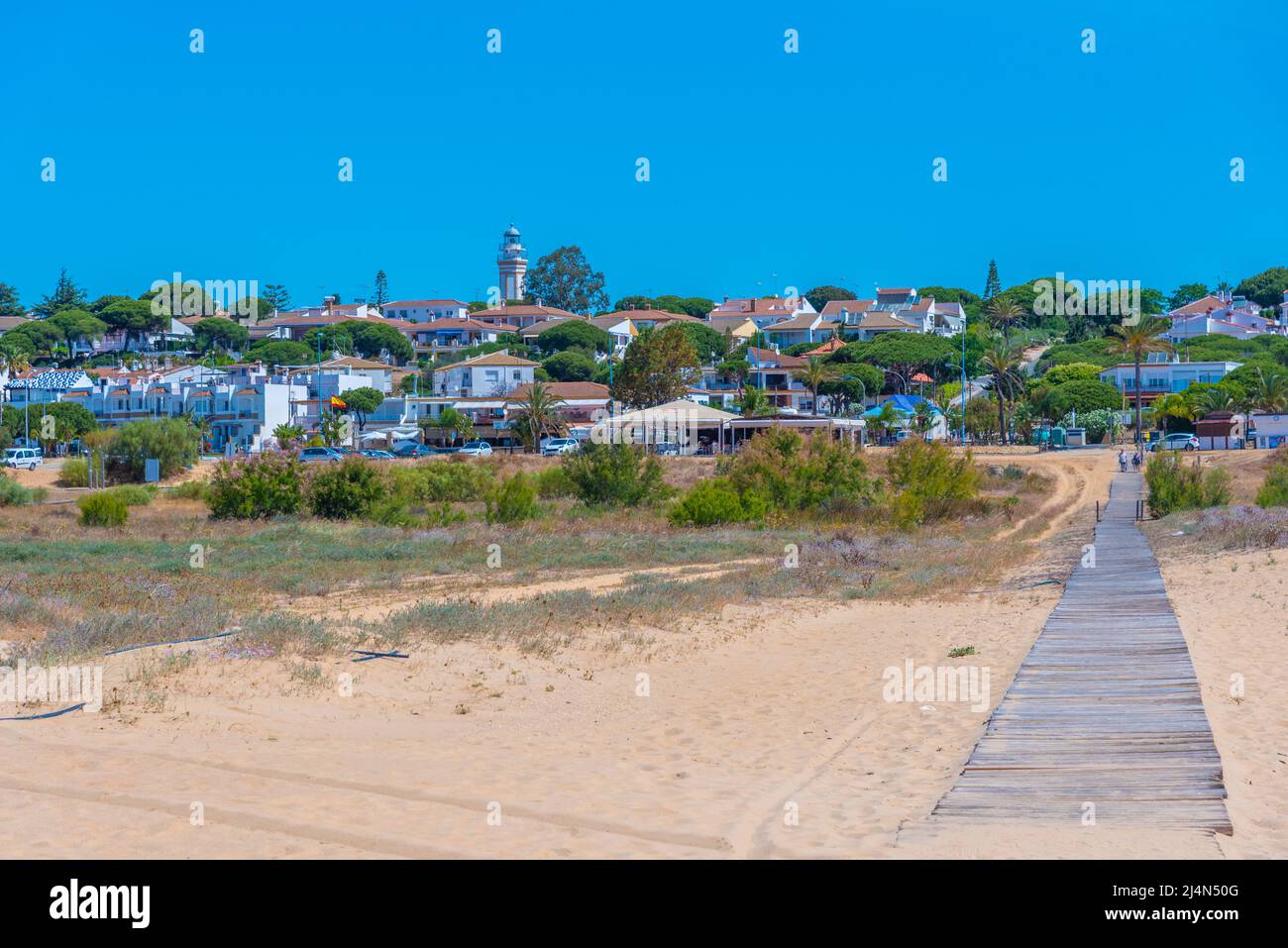 Case vacanza lungo Mazagon spiaggia vicino Huelva, Spagna Foto Stock