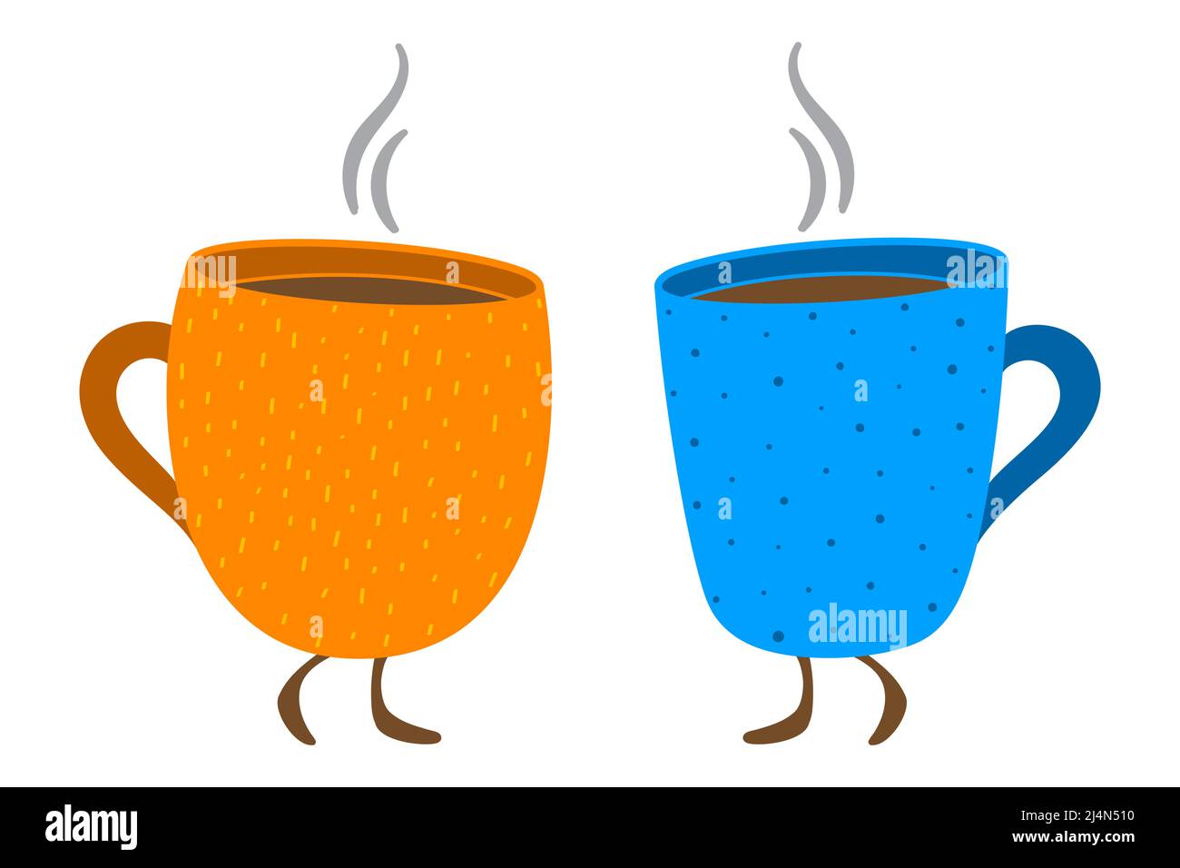 Due tazze arancioni e blu che camminano con le gambe e riempiti di caffè caldo o tè, personaggio cartoon divertente illustrazione vettoriale. Illustrazione Vettoriale