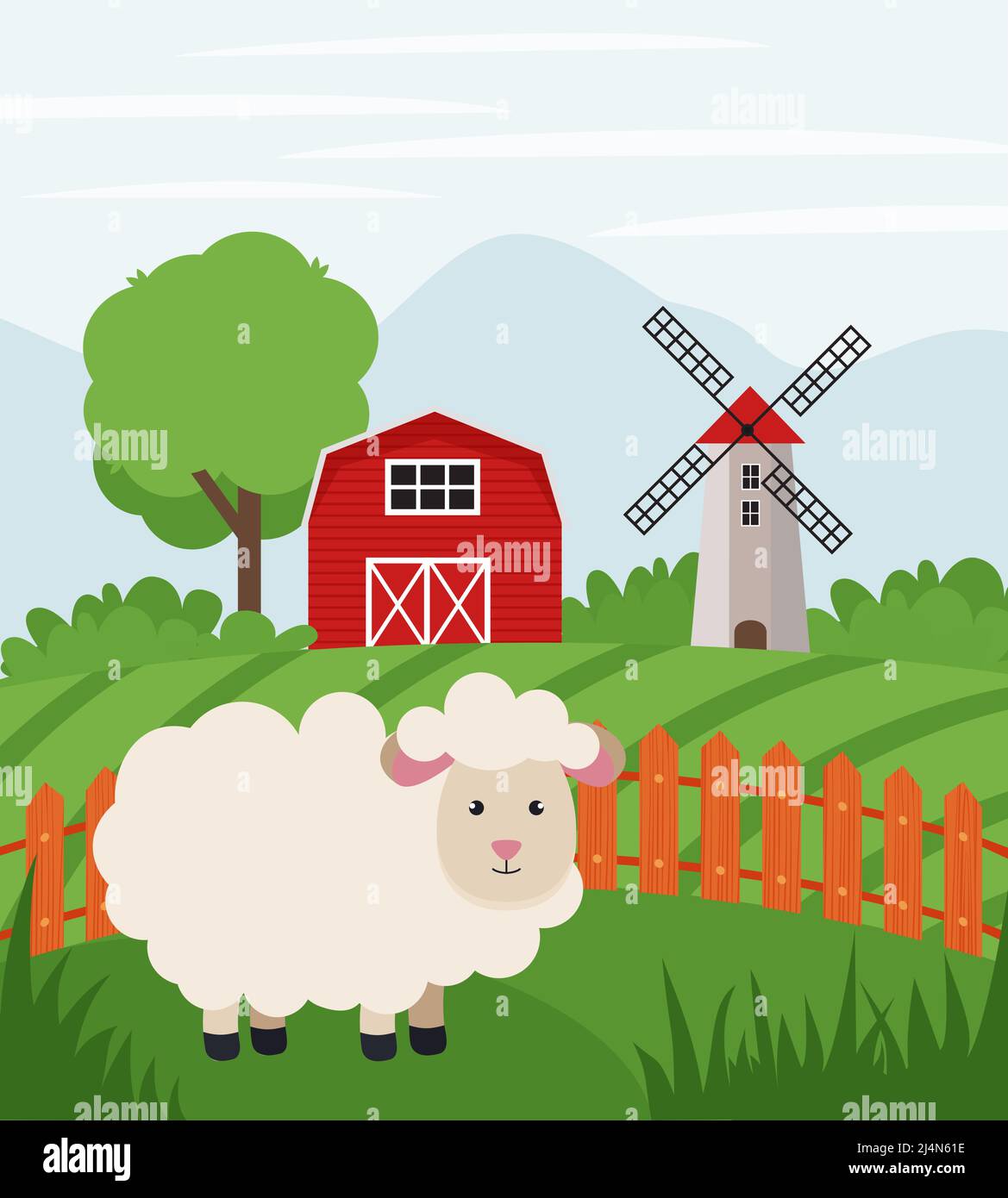 Pecora fattoria su terreno agricolo. Paesaggio rurale. Illustrazione vettoriale piatta del ranch laterale del paese EPS 10 Illustrazione Vettoriale
