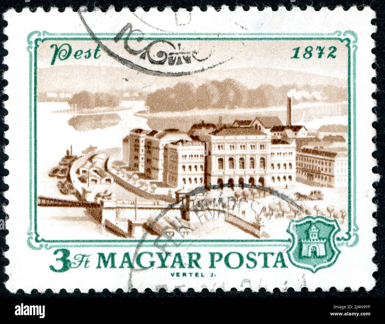 Francobollo stampato in Ungheria, dedicato al 100th anniversario della fusione di Pest, Buda e Obuda (Budapest), vista di Pest, 1872, circa 1972 Foto Stock
