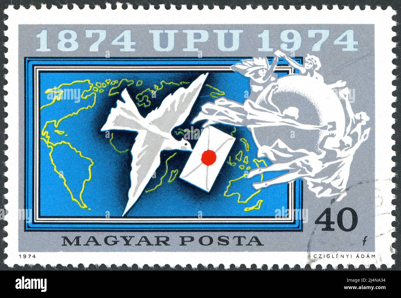 Francobollo stampato in Ungheria, dedicato al 100th anniversario dell'Unione postale universale (UPU), mostra Carrier piccione, circa 1974 Foto Stock