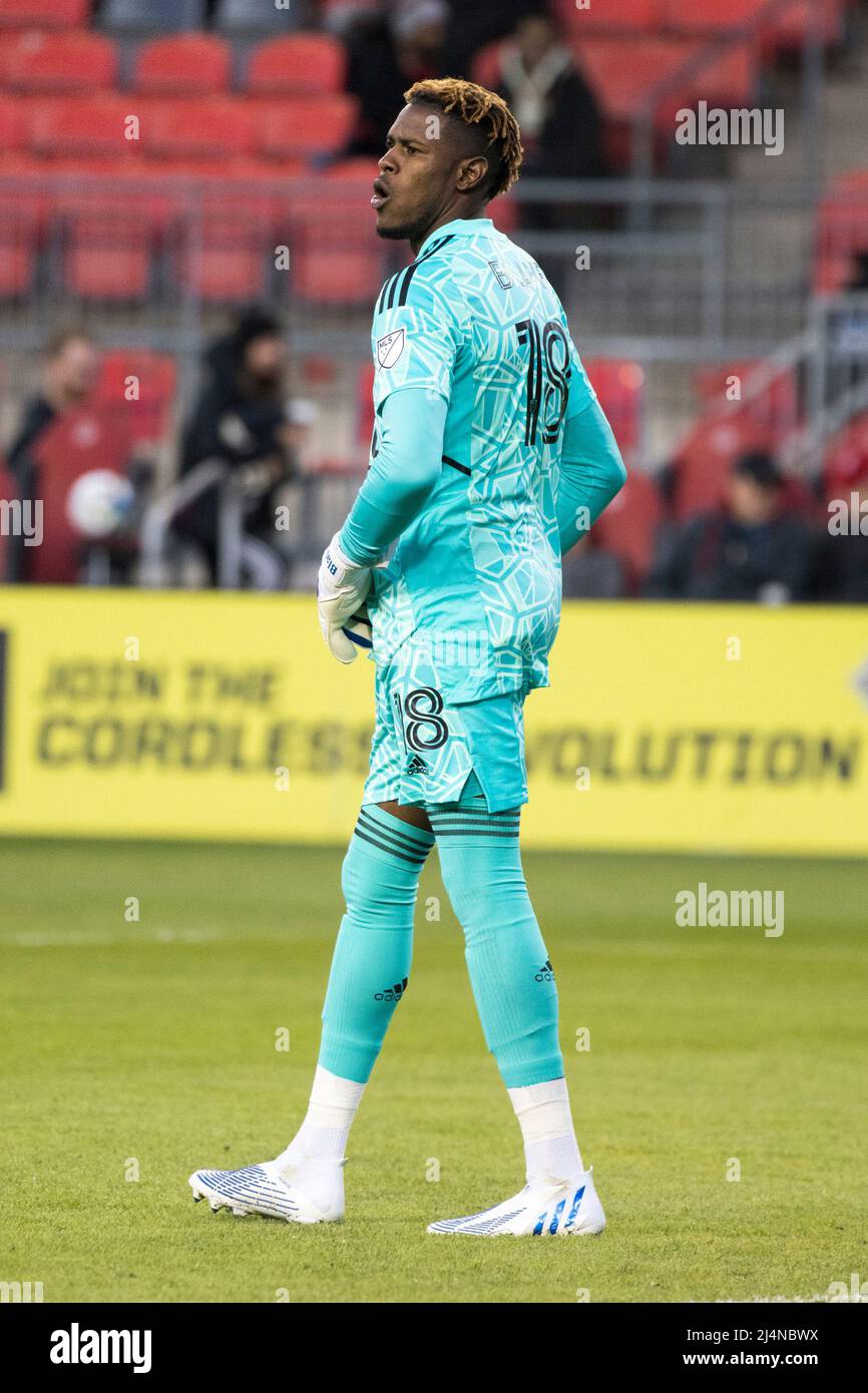 Toronto, Canada. 16th Apr 2022. Andre Blake (18) in azione durante la partita MLS tra Toronto FC e Philadelphia Union al BMO Field. (Punteggio finale : 2-1 Toronto FC) Credit: SOPA Images Limited/Alamy Live News Foto Stock