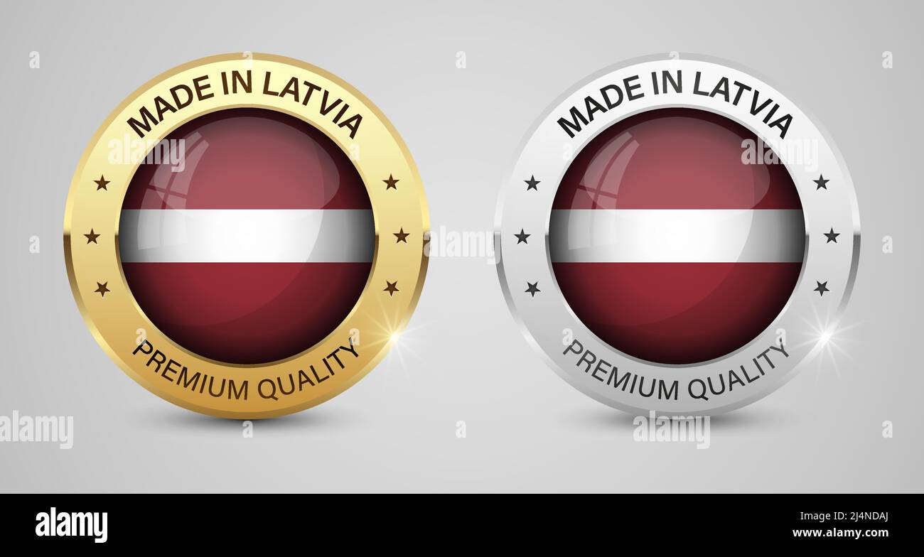 Prodotto in Lettonia grafica ed etichette set. Alcuni elementi di impatto per l'uso che si desidera fare di esso. Illustrazione Vettoriale